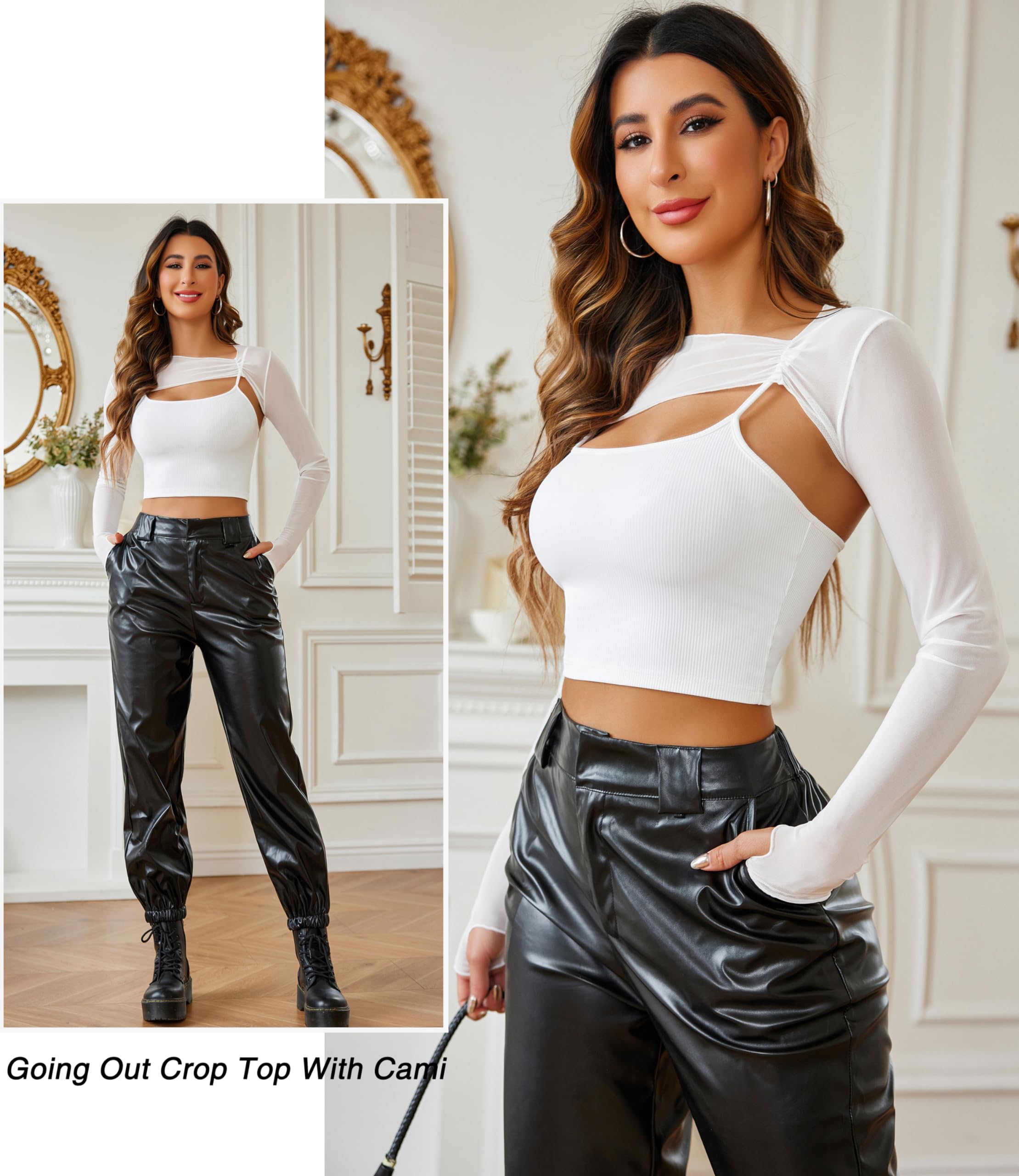 Avidlove Haut court sexy à manches longues en maille pour femme avec bretelles spaghetti 2 pièces avec trous pour les pouces