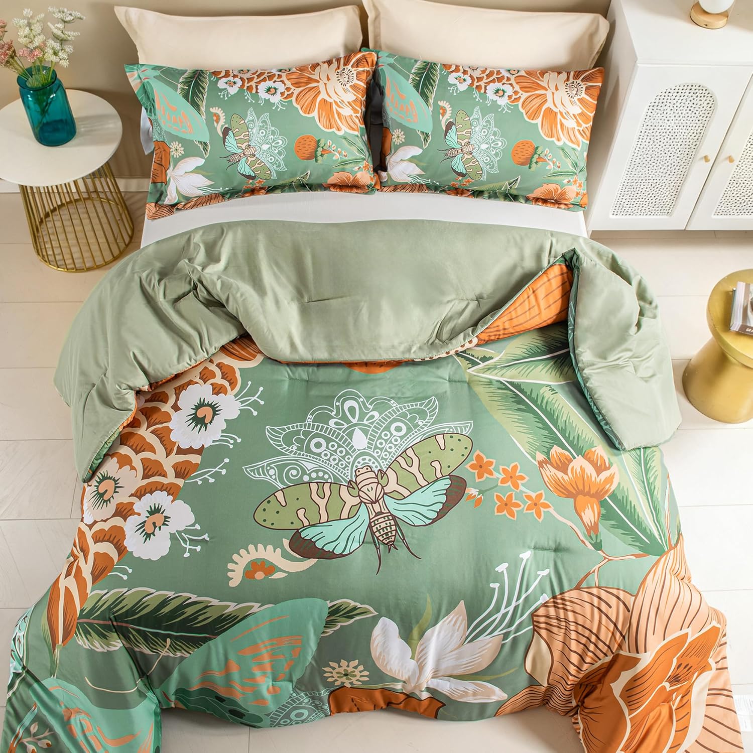 Sage Green Boho Floral Queen Comforter Set - 3 Piece Farmhouse Botanical Bedding Comforter Sets for All Season Soft Lightweight Mid Century Bed Set, (1 Reversible Comforter and 2 Pillow Shams - Image 7