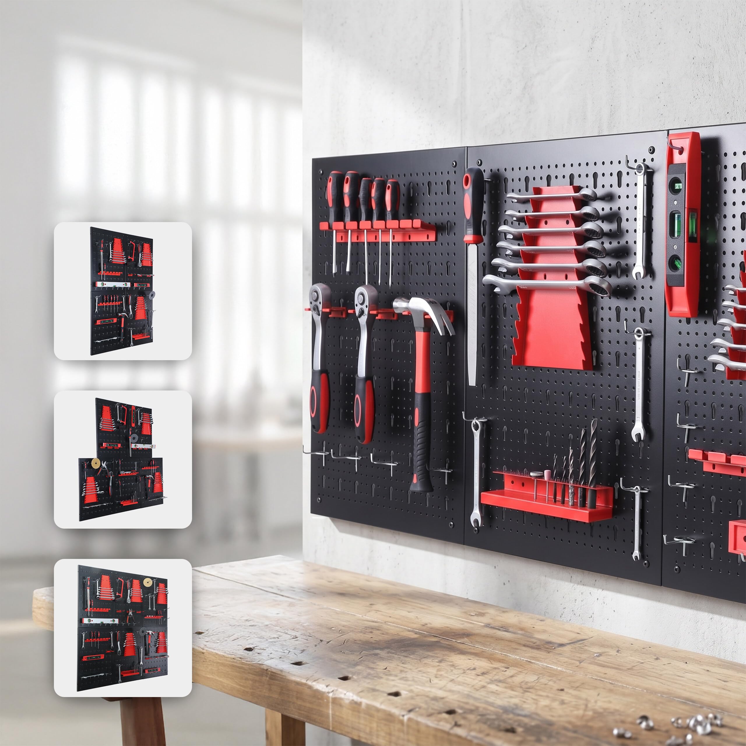Relaxdays Panel para Herramientas 3 Paneles Perforados 60x40 cm Metal Negro/Rojo