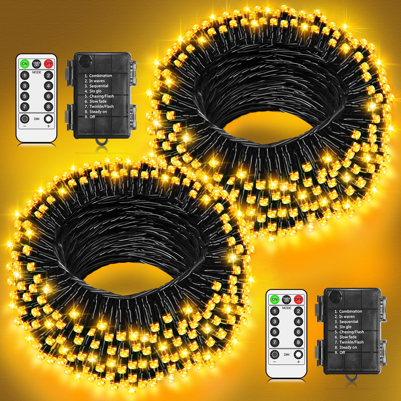 JXLEDAYY 2 Stück Lichterkette Außen Batterie, 120 LED Lichterkette Outdoor Warmweiß mit Timer Fernbedienung 8 Modi Schwarzes Kabel P44 Wasserdichte für Aussen Innen Zimmer Balkon Garten Camping