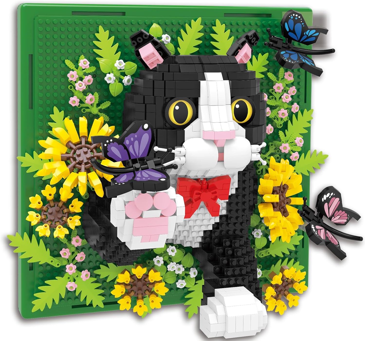 Flowers Tuxedo Cat Animal 3D Wall Art Micro Mini Building Blocks Set, Unique Home Wall Decor or Table Display, No Compatible with Lego Set, Ideal Gift Toy for Adults & Teens (1402 PCS)