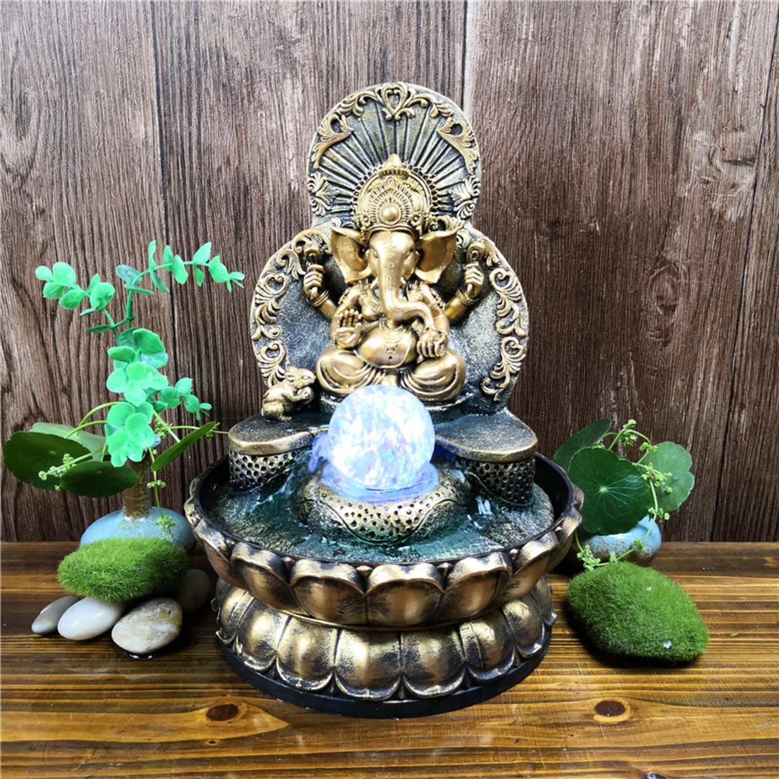 Fontaine Ganesh élégante - Fontaine d'intérieur et d'extérieur avec boule de cristal LED - Design en résine résistante aux UV et à la pluie
