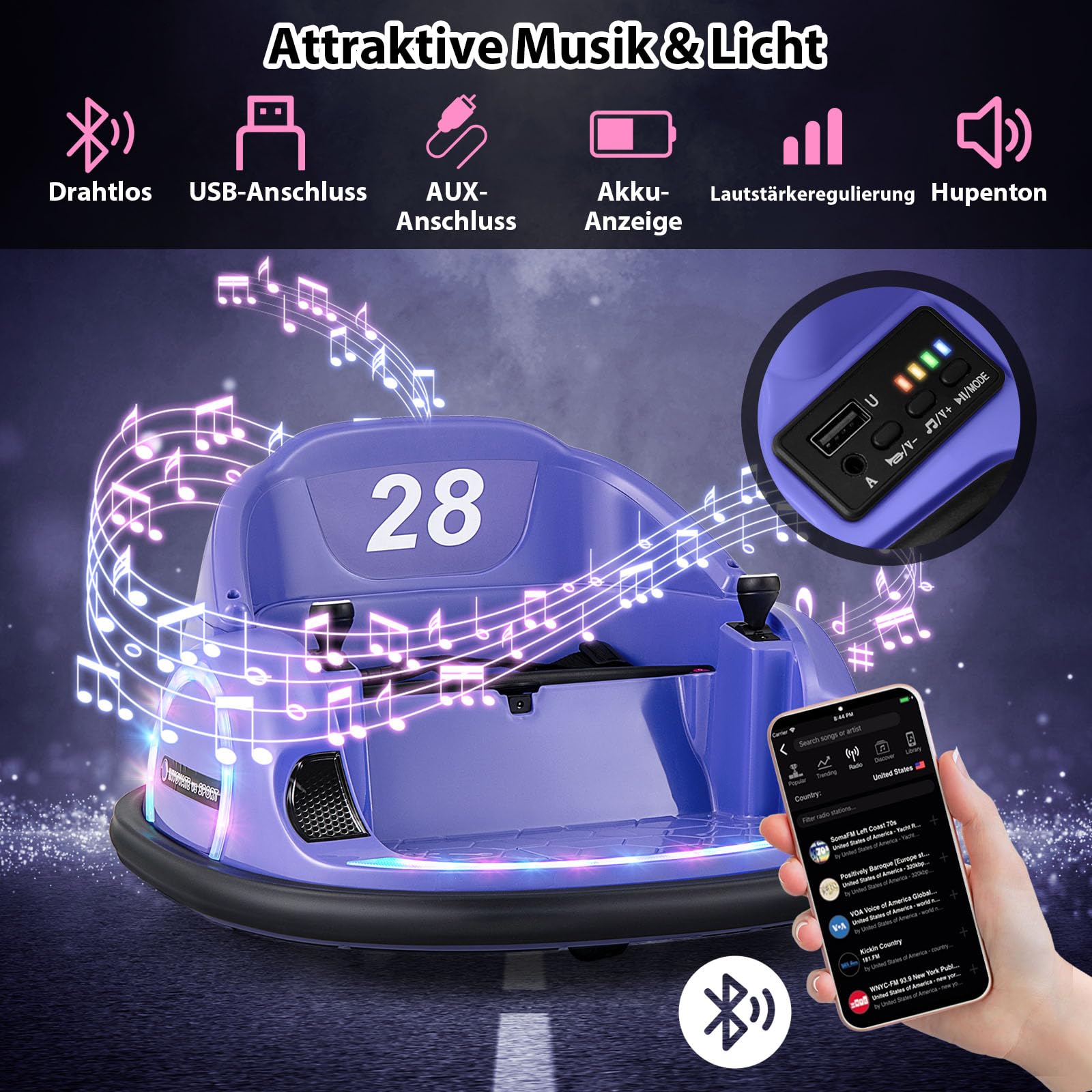 COSTWAY 12V Autoscooter Kinder mit Fernbedienung, Elektro Bumper Car mit 360° Drehnug, Musik & Licht, Kinder Elektroauto für Kleinkinder ab 18 Monaten (Lila)