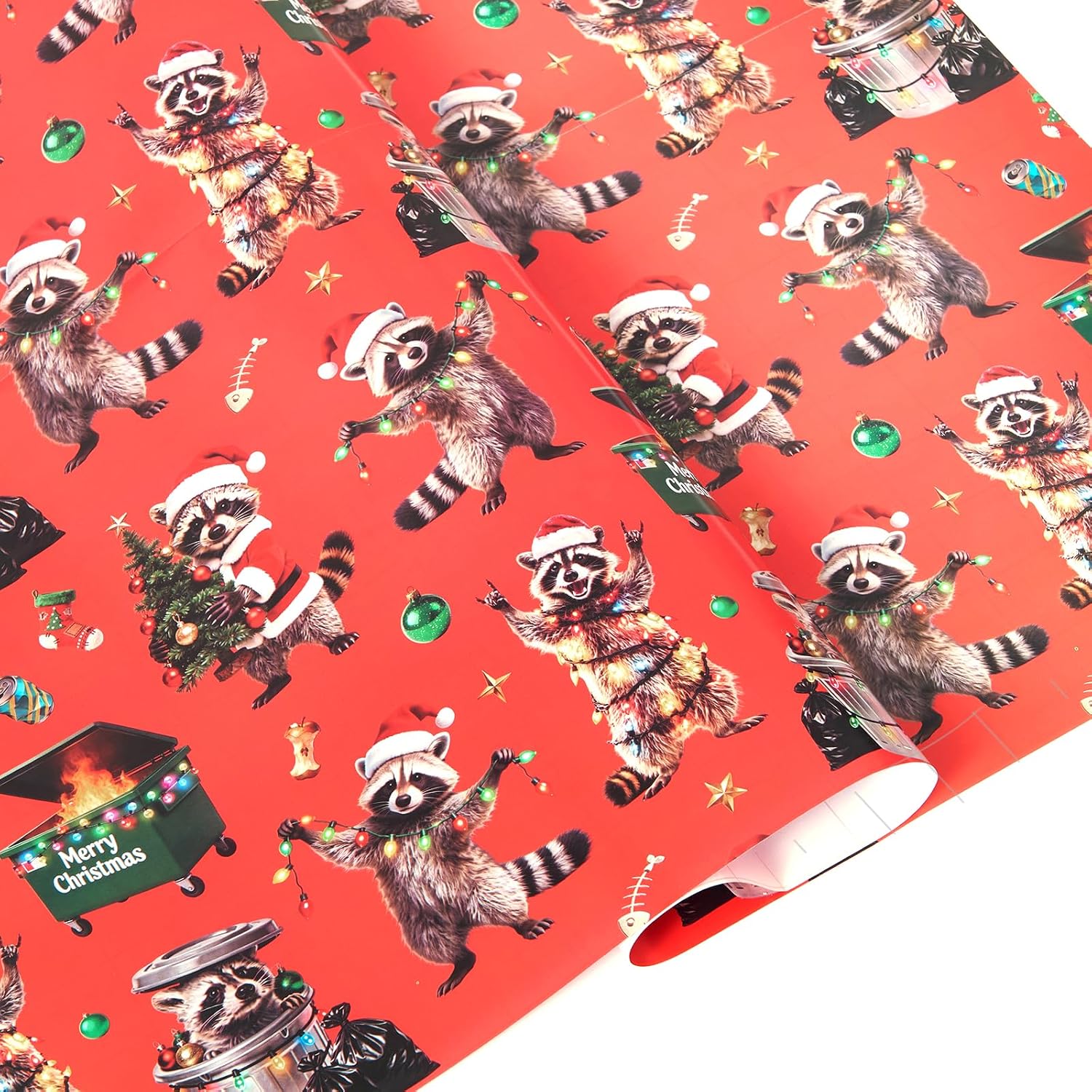 WERNNSAI Raccoon Christmas Wrapping Paper Funny Christmas Wrapping Paper