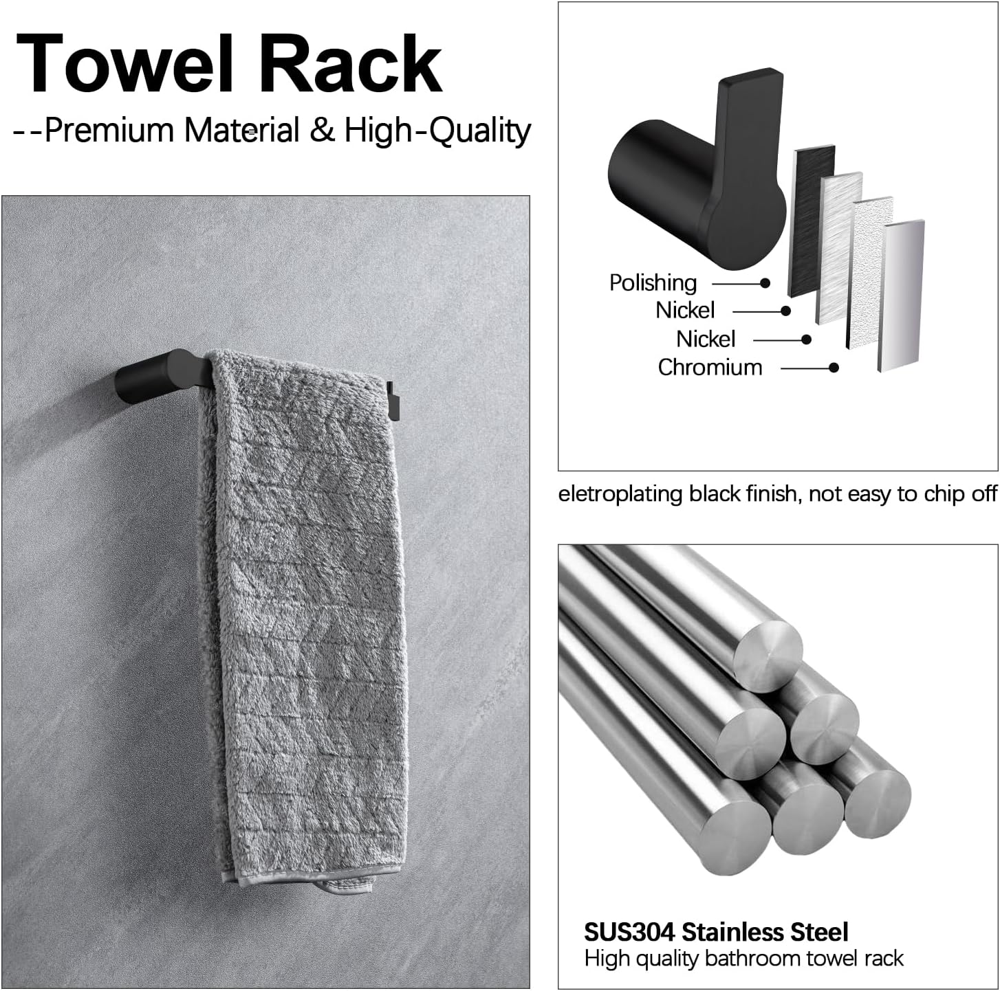 4-Pieces Bathroom Accessories Set, Matte Black Towel Bar Set Modern Stainless Steel Towel Rack Towel Hooks Toilet Paper Holder for Bathroom Wall Mounted, 23 Inch