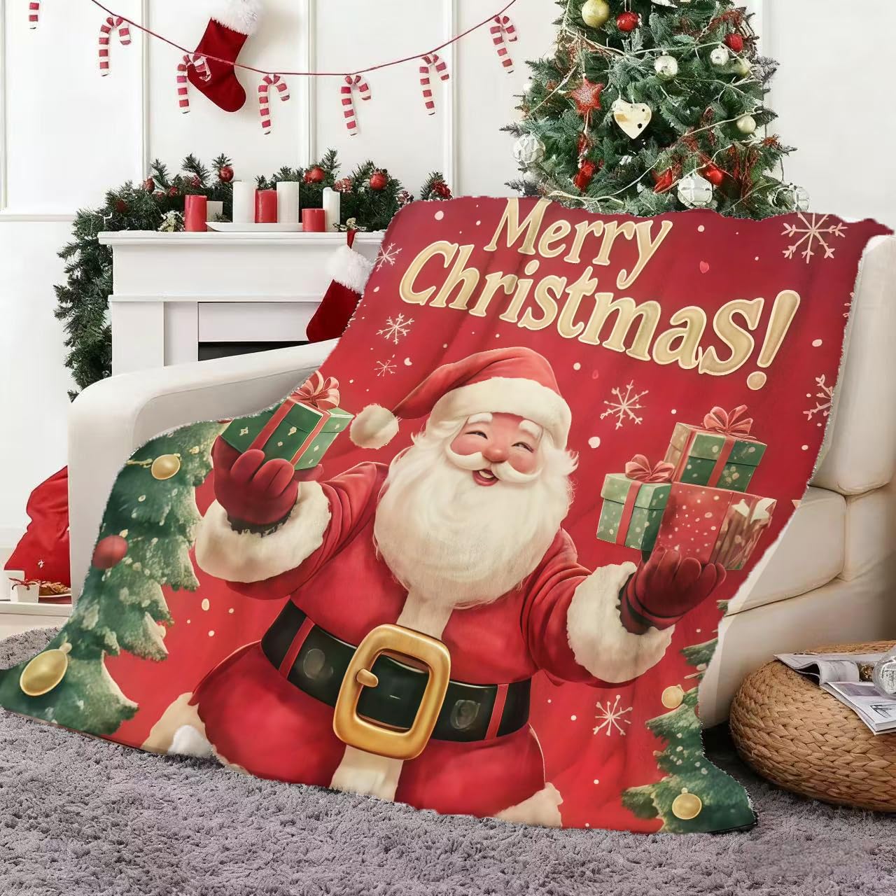 Vexthorion Women's Green/Red Christmas Throw Blanket 150X100cm - Soft Cozy Gift Giving Reindeer Design -Cute Christmas Blanket Santa Claus Decor For Bed Sofa -Personalised Xmas Throw Funny Beautiful Ambiance Gift ()