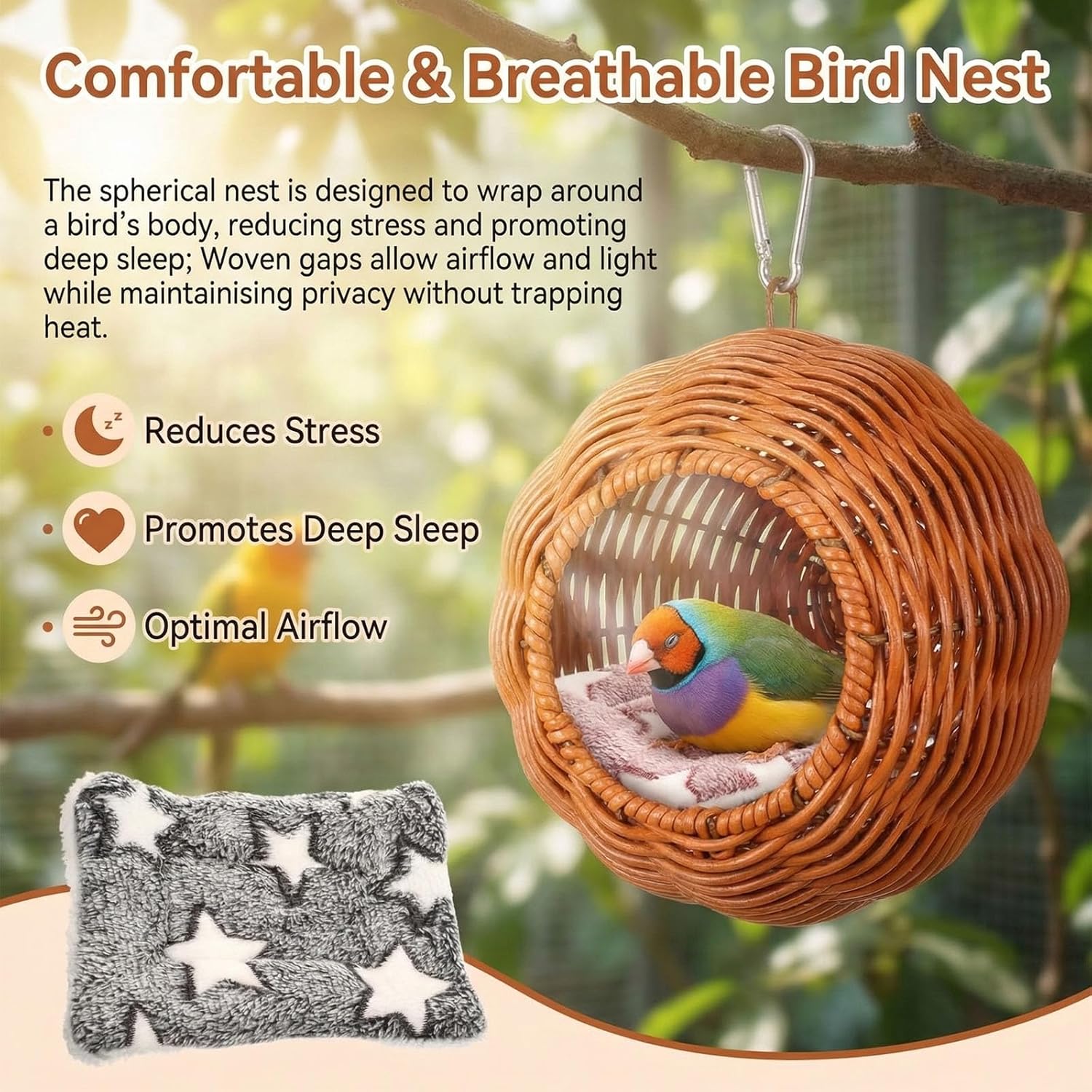 Junkin 2 Pcs Chewproof Steel Frame Bird Nest for Cage, Rattan Washable Small Bird Bed with Plush Pad, Hammock Hideout Lay Eggs Parakeet Nest Sleep, Warm Bed House Hut for Lovebird Canary Budgie