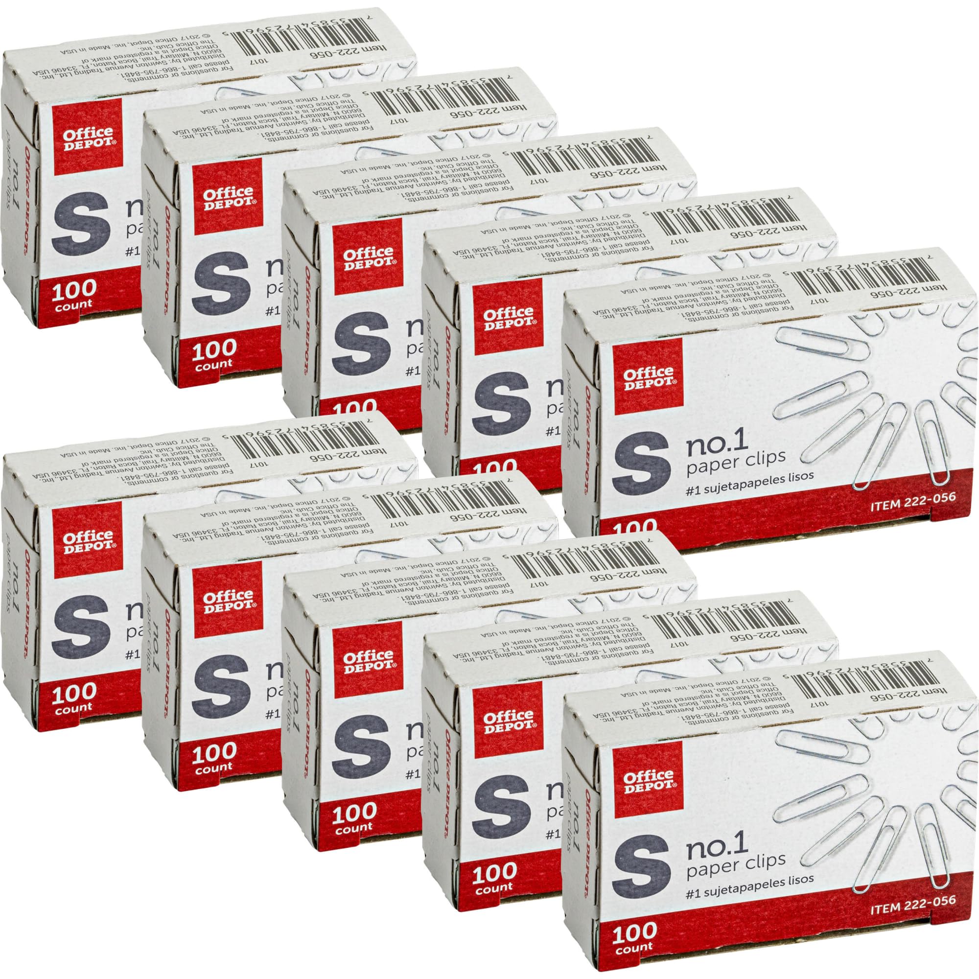 Office Depot® Brand Paper Clips, No. 1 Regular, Silver, 100 Clips Per Box, Pack of 10 Boxes