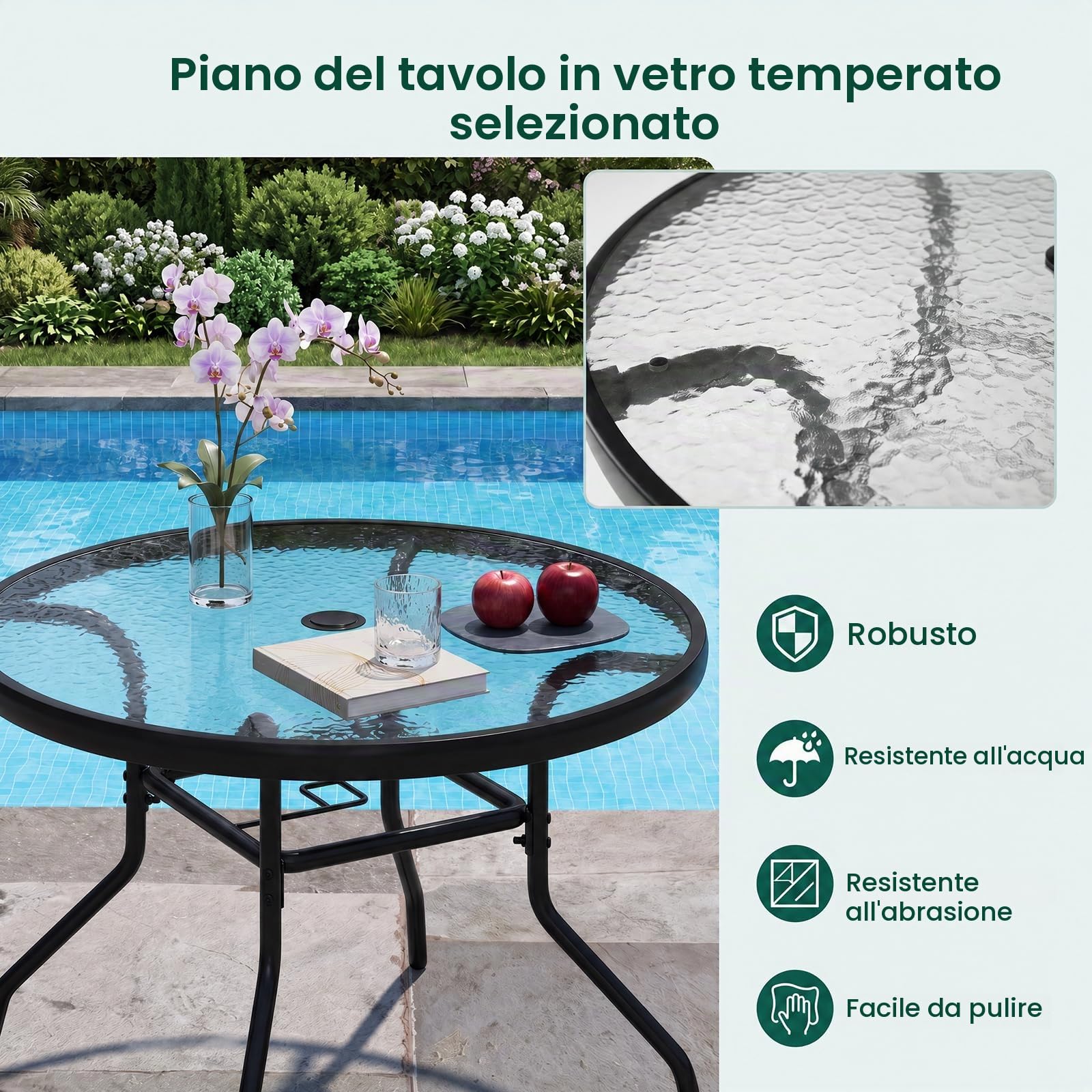 KOMFOTTEU Tavolino da Esterno in Vetro Antiscivolo con Foro Ombrellone | Tavolino Rotondo da Caffè con Struttura in Metallo, per Balcone e Piscina, 70 x 70 x 45,5 cm