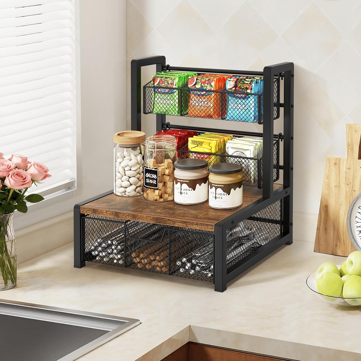 Homode Tea Bag Organizer, 3 Tier Tea Storage Container Box, Wood Tea Station Caddy, Teabag Holder Stand with Drawer Basket, Large Tea Chest Display Rack for Countertop Cabinet Office, Rustic Brown