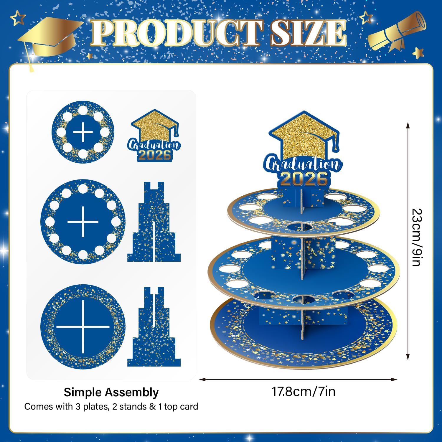2026 Graduation Money Gift Holder, Celebration Cash Cake Stand with 24 Bill Slots, Graduation Money Tree for Women Men High School College Congrat Grad, Party Display Decorative - Blue and Gold image 2