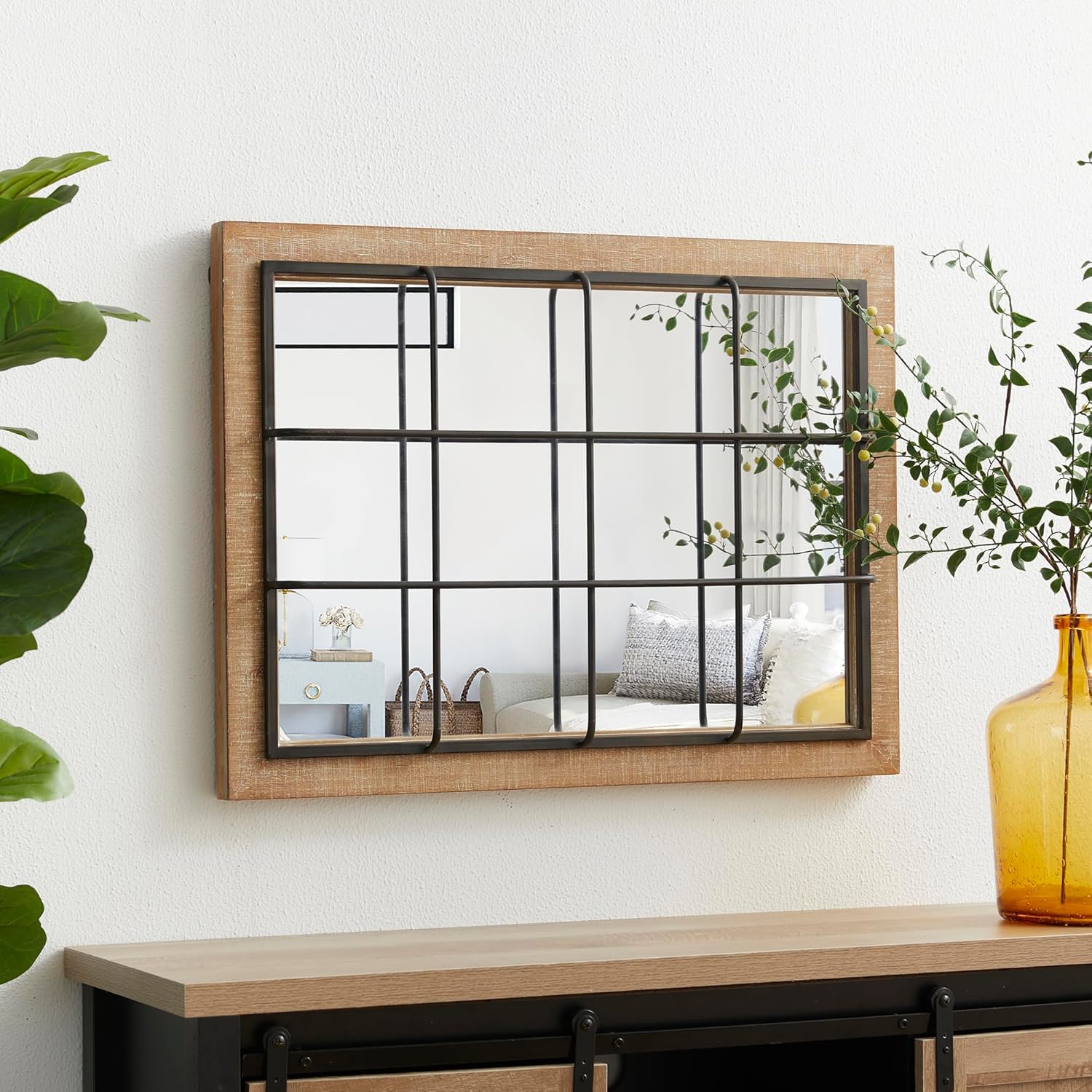 Glitzhome Espejo de pared para ventana, 24 x 32 pulgadas, espejo de pared decorativo de granja, rectangular colgante de madera y marco de metal,