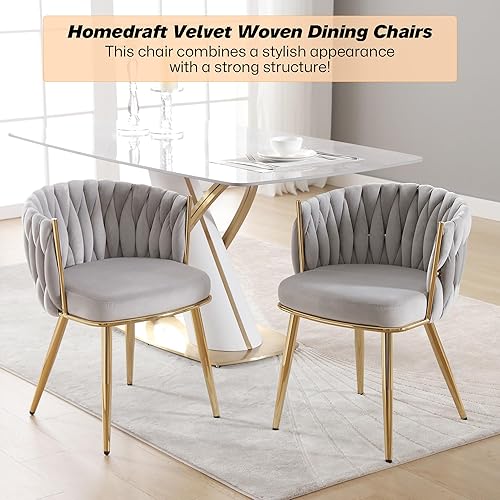 Miniatura 4 de Juego de 4 sillas de comedor tejidas de terciopelo, modernas sillas de comedor tejidas a mano con patas de metal dorado, sillas tapizadas con marco