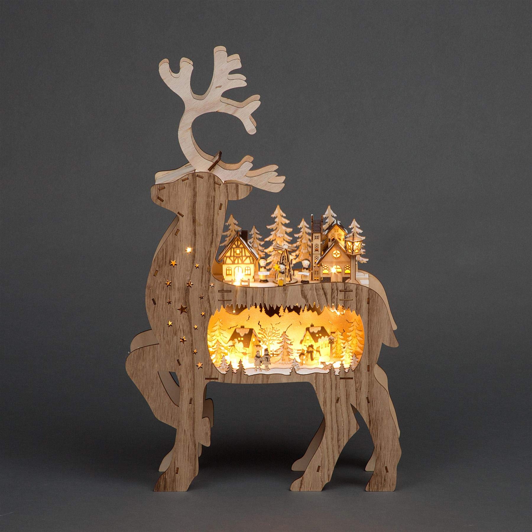 SHATCHI 69cm Christmas Back Wooden Laser Cut Battery Operated Village Scenery and Warm White LEDs Home Decorations, Wood, Front Facing Reindeer, 38x11x69 CM