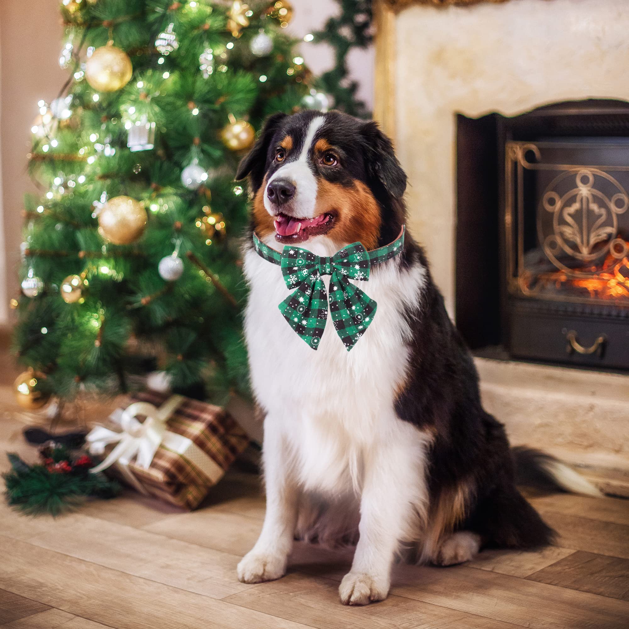 ADOGGYGO Weihnachts-Hundehalsband Mit Fliege – Rot-grün Kariert, Baumwolle, Verstellbar, Für S/M/L Hunde