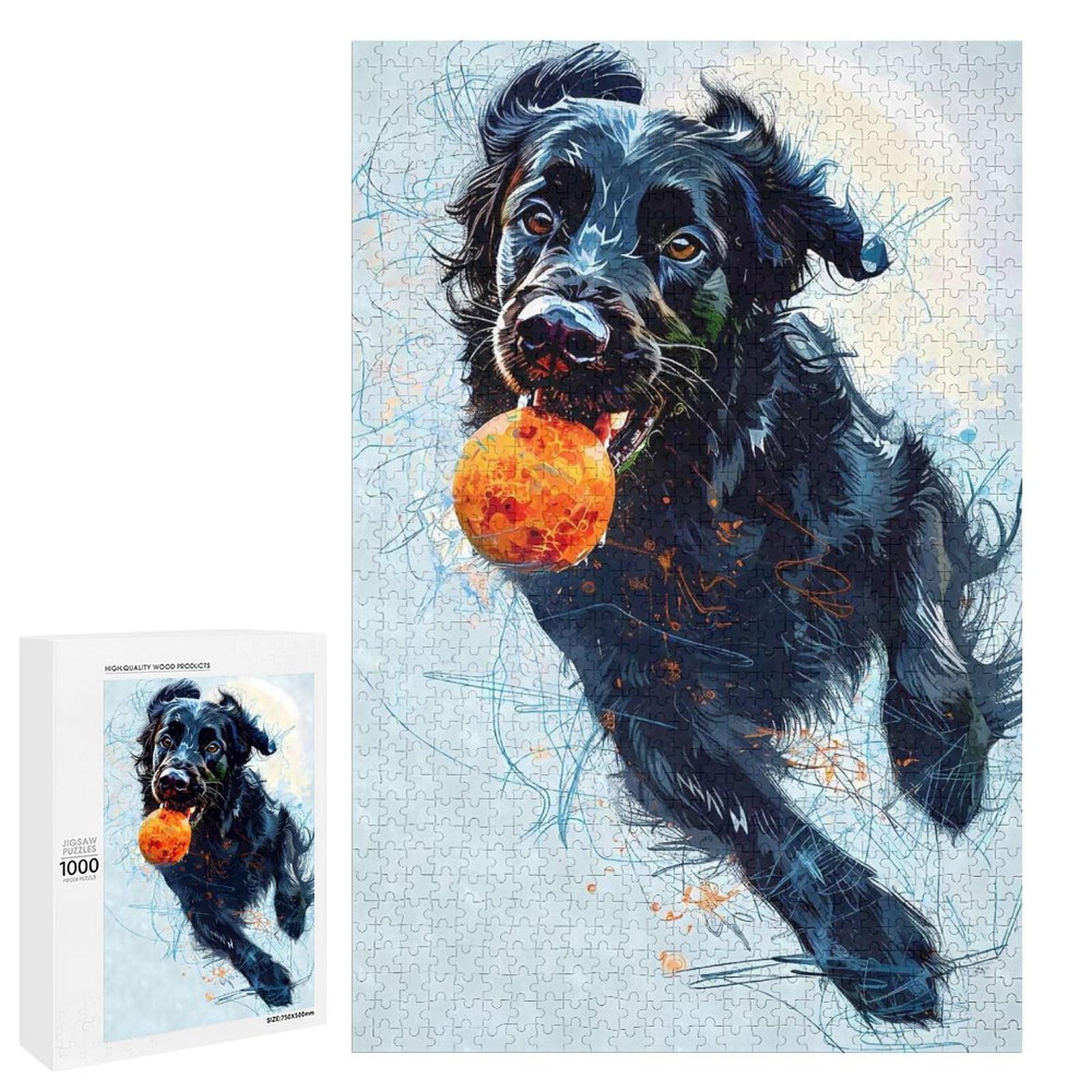 Adults 1000 PCS Jigsaw Puzzle Flat Coated Retriever Ball Jigsaw for Adults Brain Teaser Game Wall Decoration for Is Ideal As A Gift 1000 PCS