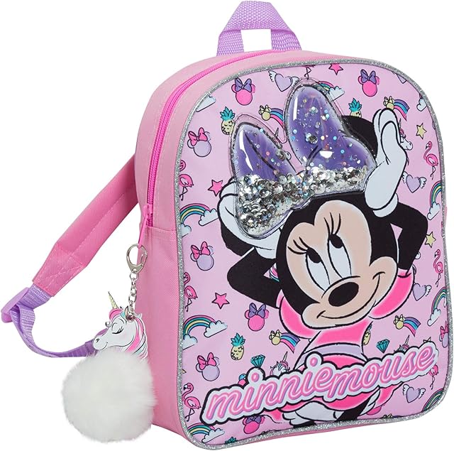 Disney Minnie Mouse Girls Backpack with Glitter Sequin Bow Kids School Toddler Nursery Lunch Bag Junior Rucksack Book Carry On with Unicorn Pom