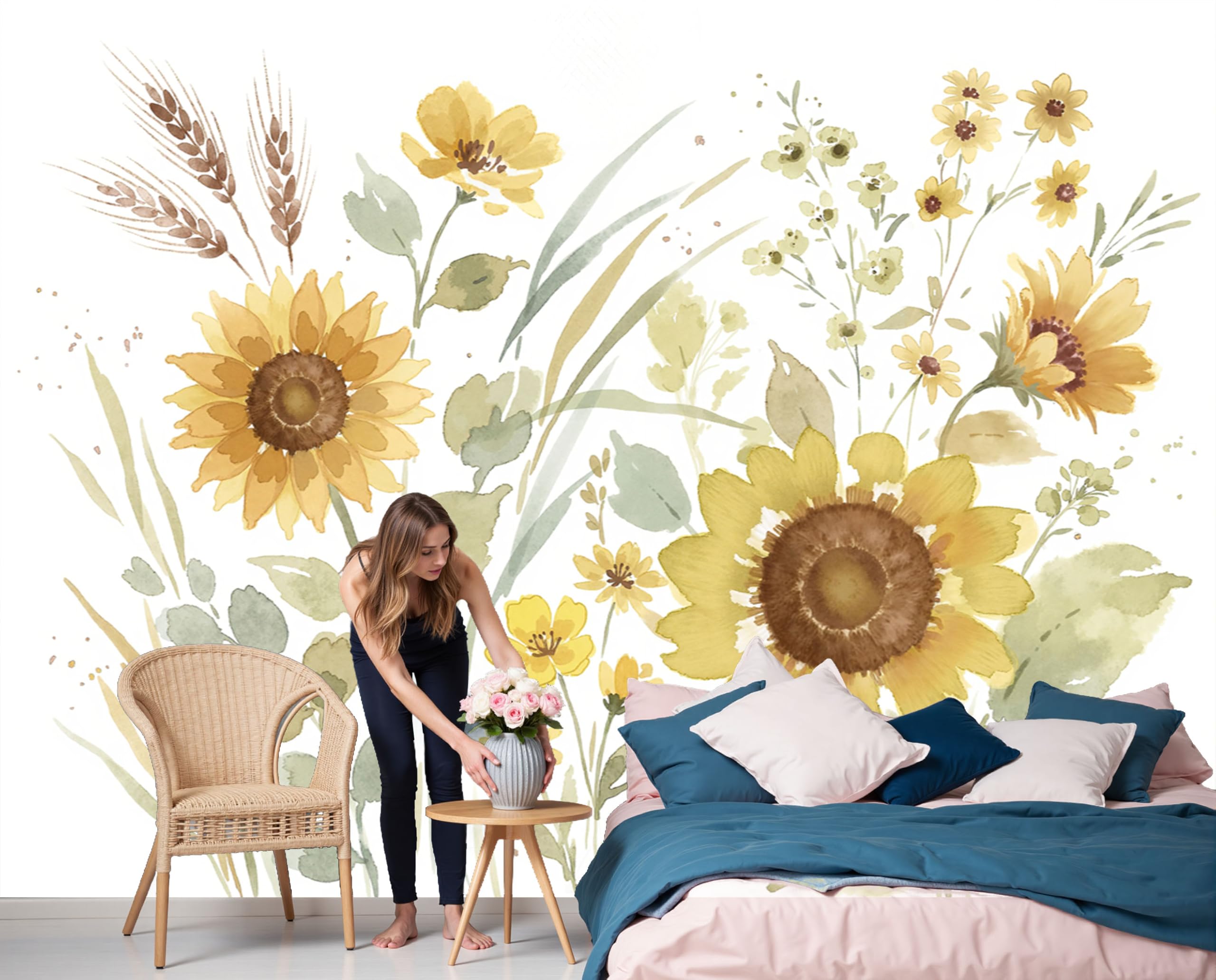 Papier peint tournesol aquarelle pour agrandir un salon sombre