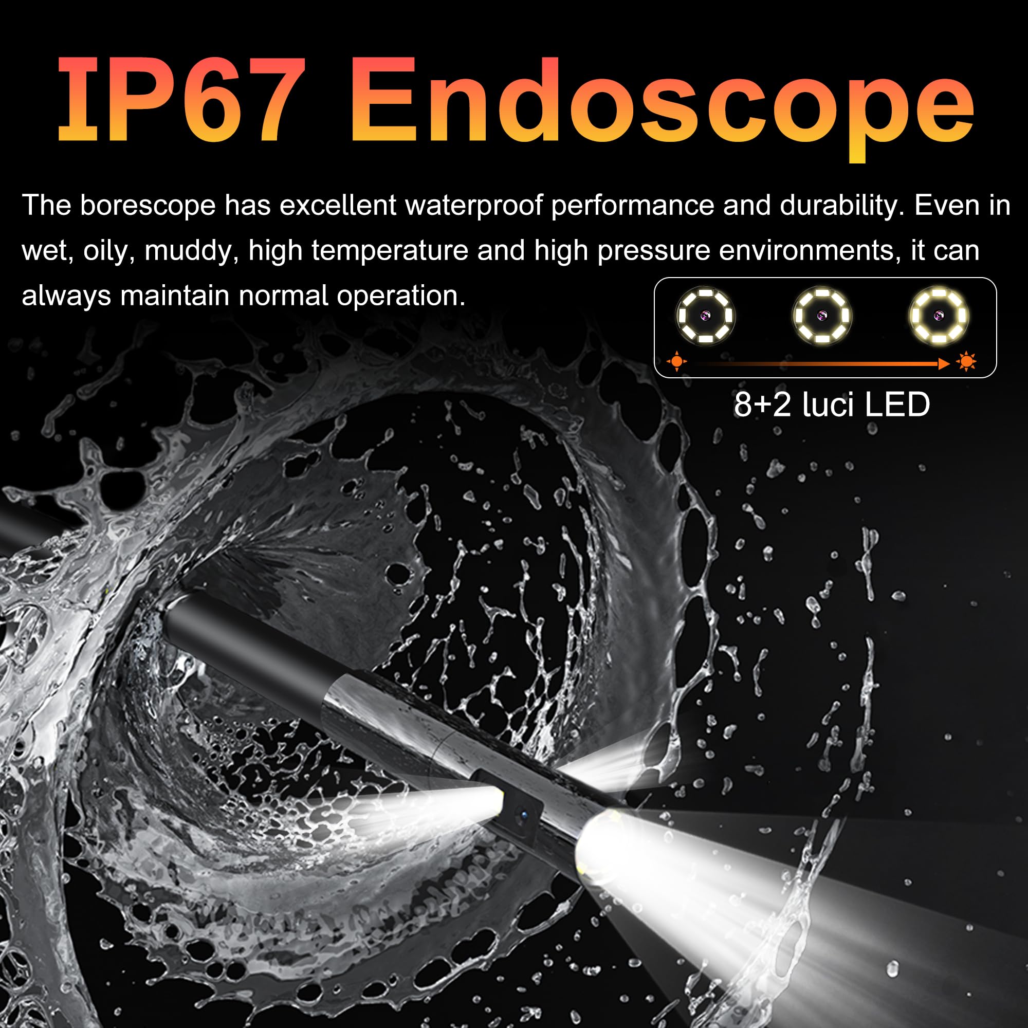 Endoscopio 15M Triple Lente, 1080p Endoscopio Tuberias Camara de Inspeccion con Pantalla IPS HD de 5 Pulgadas, Endoscopio Industrial Camara IP67 con 8+2 Luces LED, 7.9MM, 64 GB de RAM