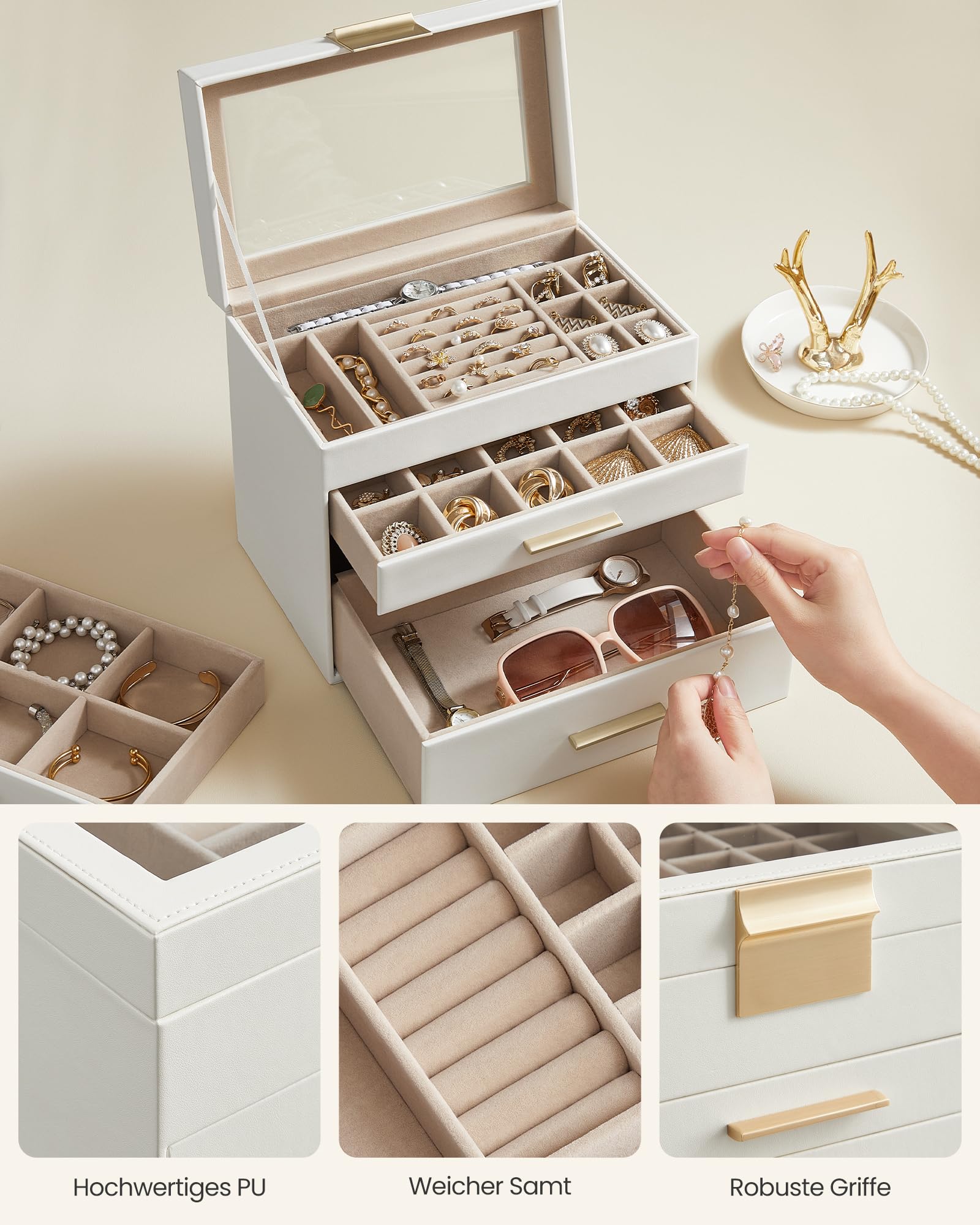 SONGMICS GISELLA Kollektion - Schmuckkästchen, Schmuckkasten mit 4 Ebenen, Schmuckbox mit Glasdeckel, 3 Schubladen, für Sonnenbrillen, Schmuckaufbewahrung, modern, wolkenweiß-golden JBC161W01