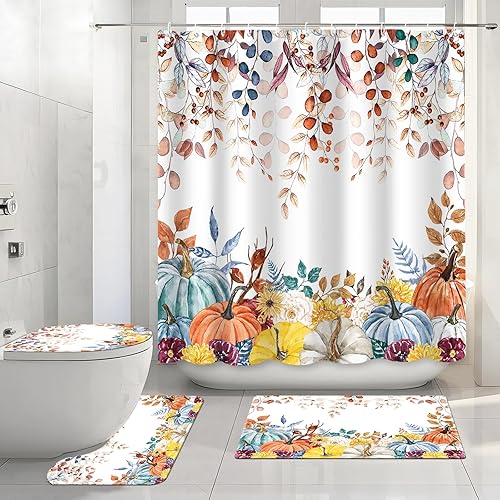 Cortina de ducha de calabaza de otoño, 4 piezas, juego de cortina de ducha de calabaza con hojas de eucalipto de Acción de Gracias, decoración de