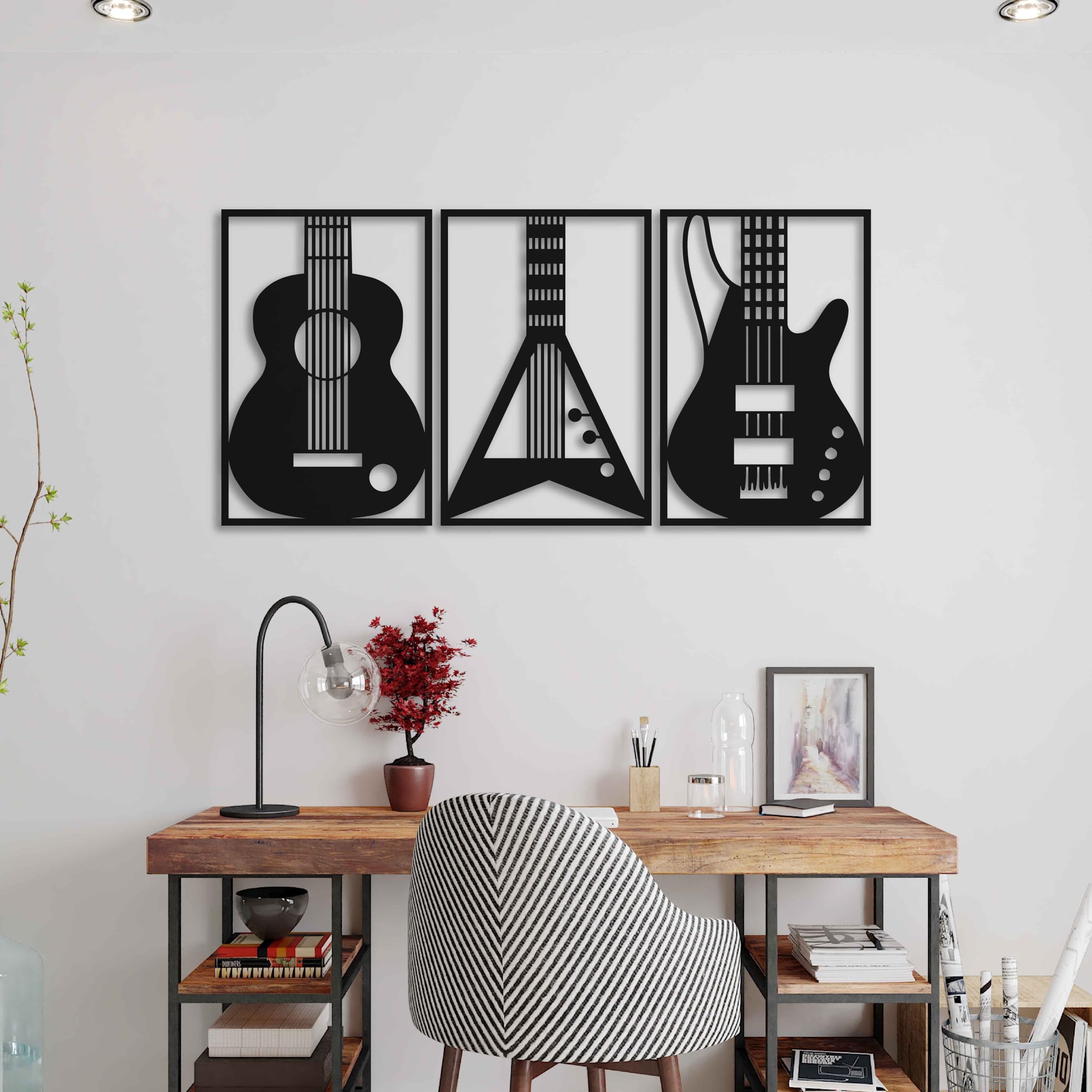 KAWA METALWORKS Decorazione da parete in metallo per la casa, 3 pezzi, decorazione da parete in metallo, moderna decorazione da parete in metallo per gli amanti della musica, regalo per chitarristi