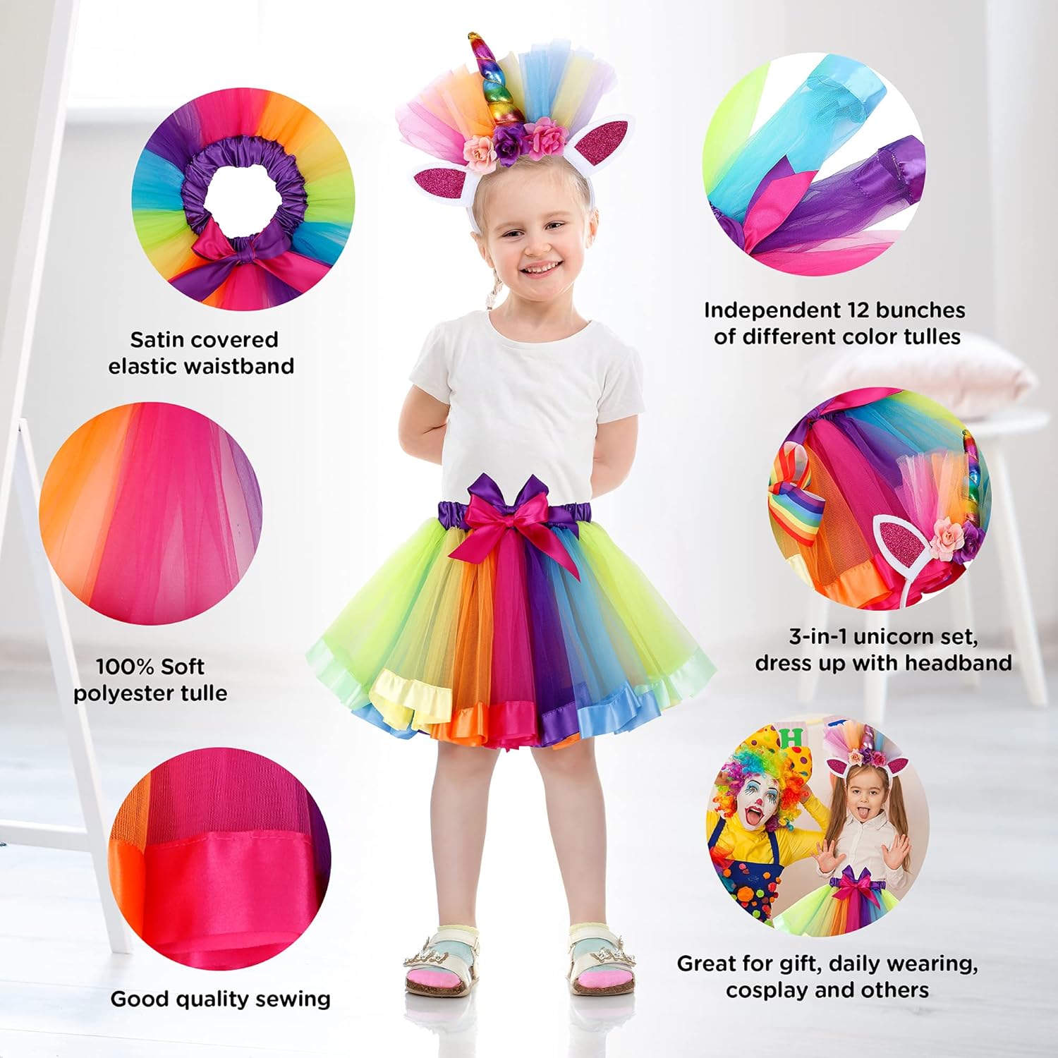 Simplicity Girls Rainbow Layered Tulle Tutu Skirt with Unicorn Headband & Hair Bow : Clothing, Shoes & Jewelry