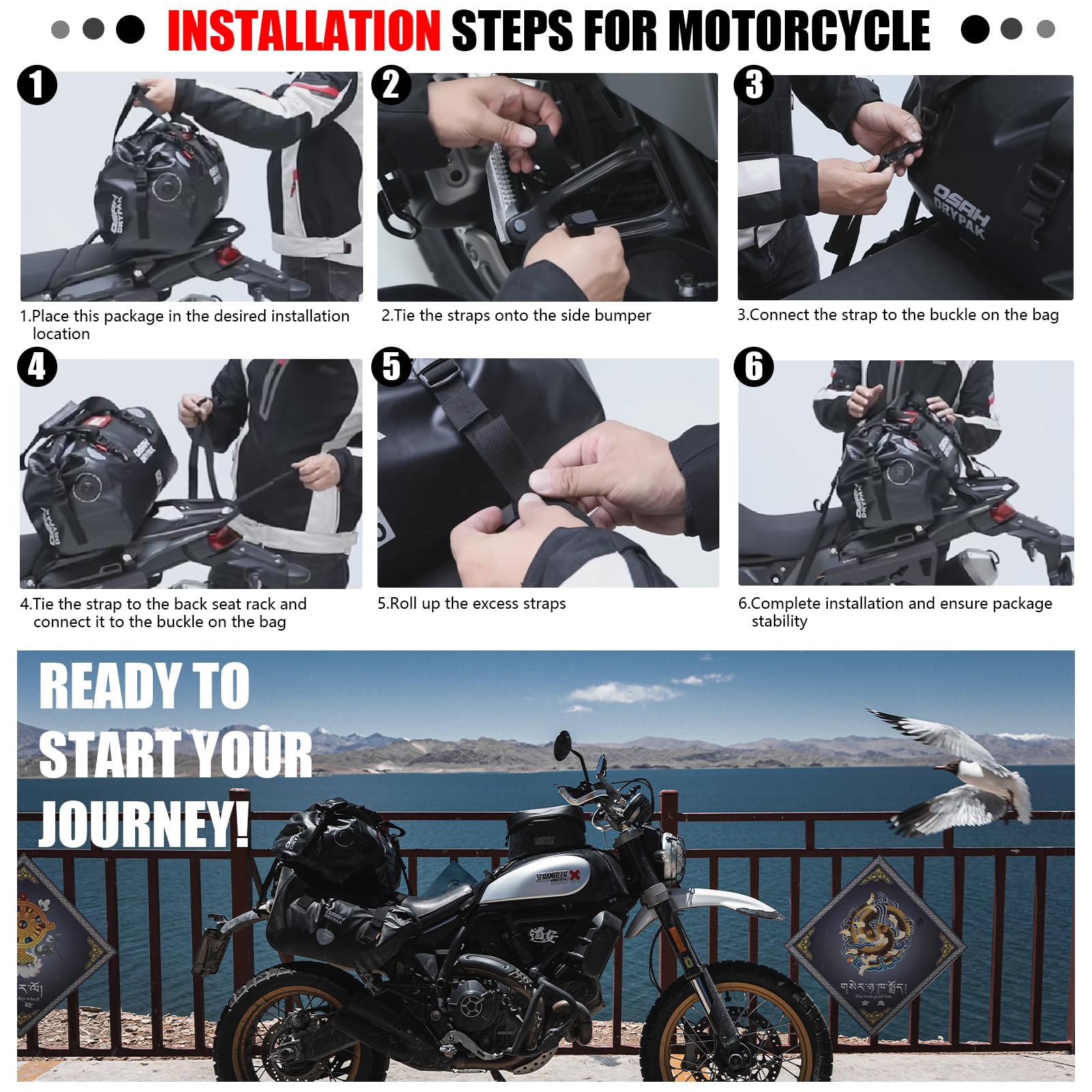 Motorrad wasserdichte Trockentasche 60L Rolltop-Hecktasche Camping Kajak Angeln Reisen Offroad Schlammbraun
