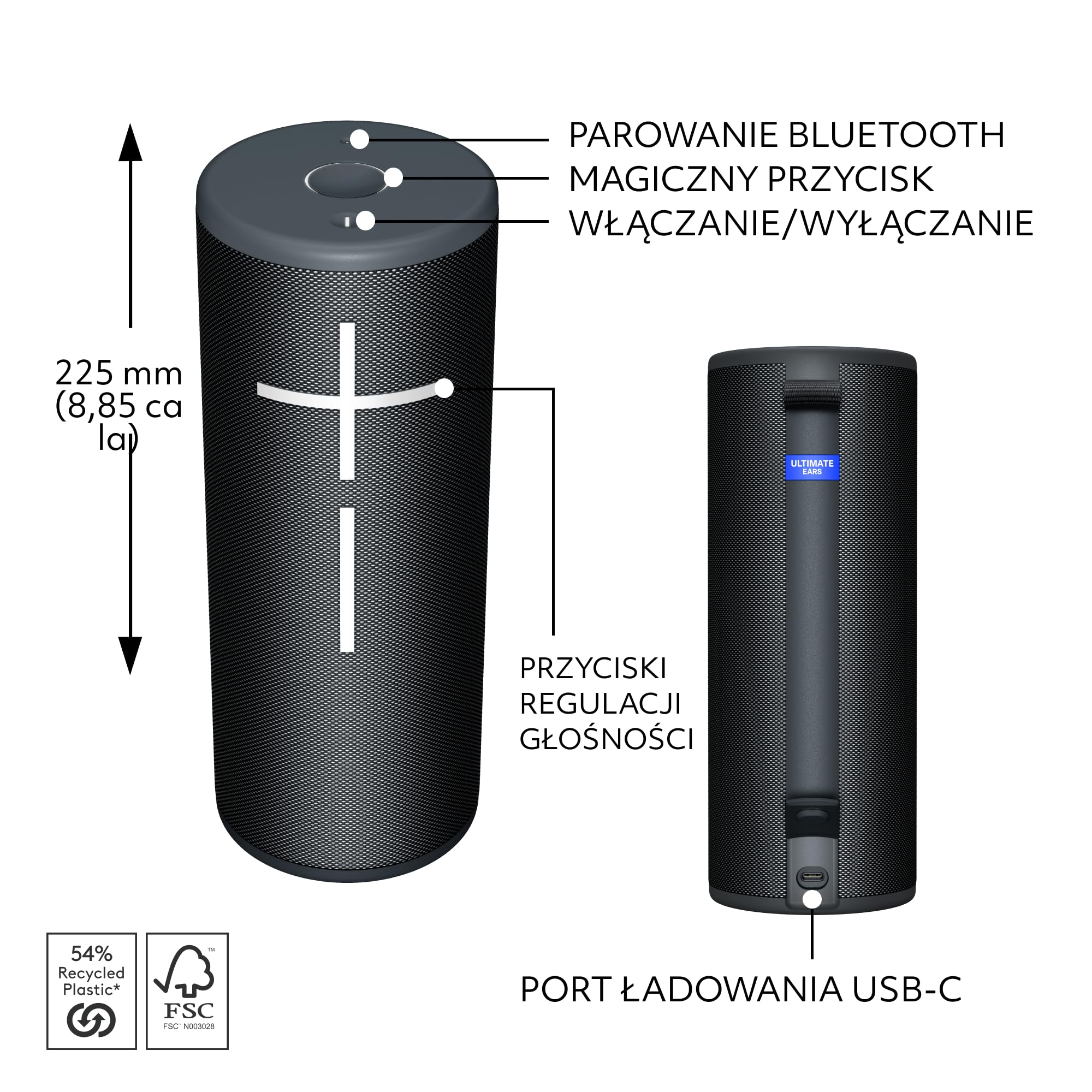 Ultimate Ears MEGABOOM 4, przenośny wodoodporny głośnik Bluetooth o 360-stopniowym zasięgu potężnego dźwięku, 20 godzin na baterii i ma zasięg do 45 m - Czarny
