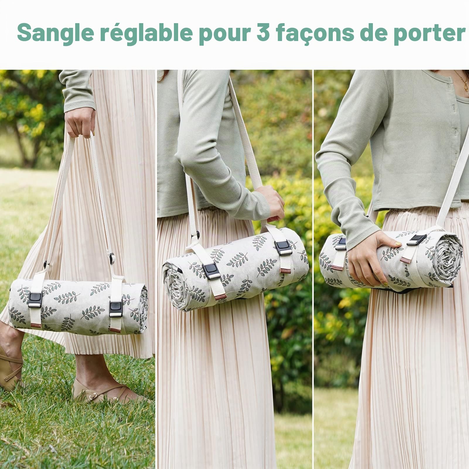 WILLOW WEAVE Couvertures de pique-nique lavables pour camping, couvertures d'urgence, paniers de pique-nique, accessoires avec dos imperméable et bandoulière – Feuille