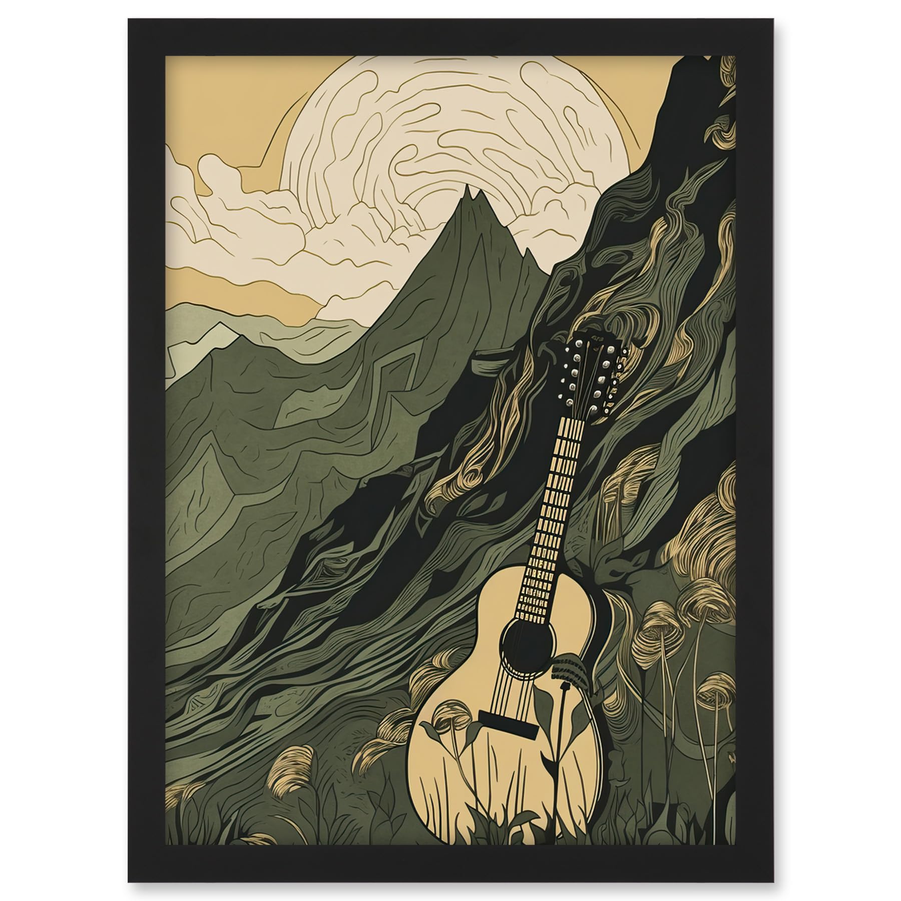 Artery8 Guitar on Mountain Landscape Morning at Campsite Artwork Framed A3 Wall Art Print