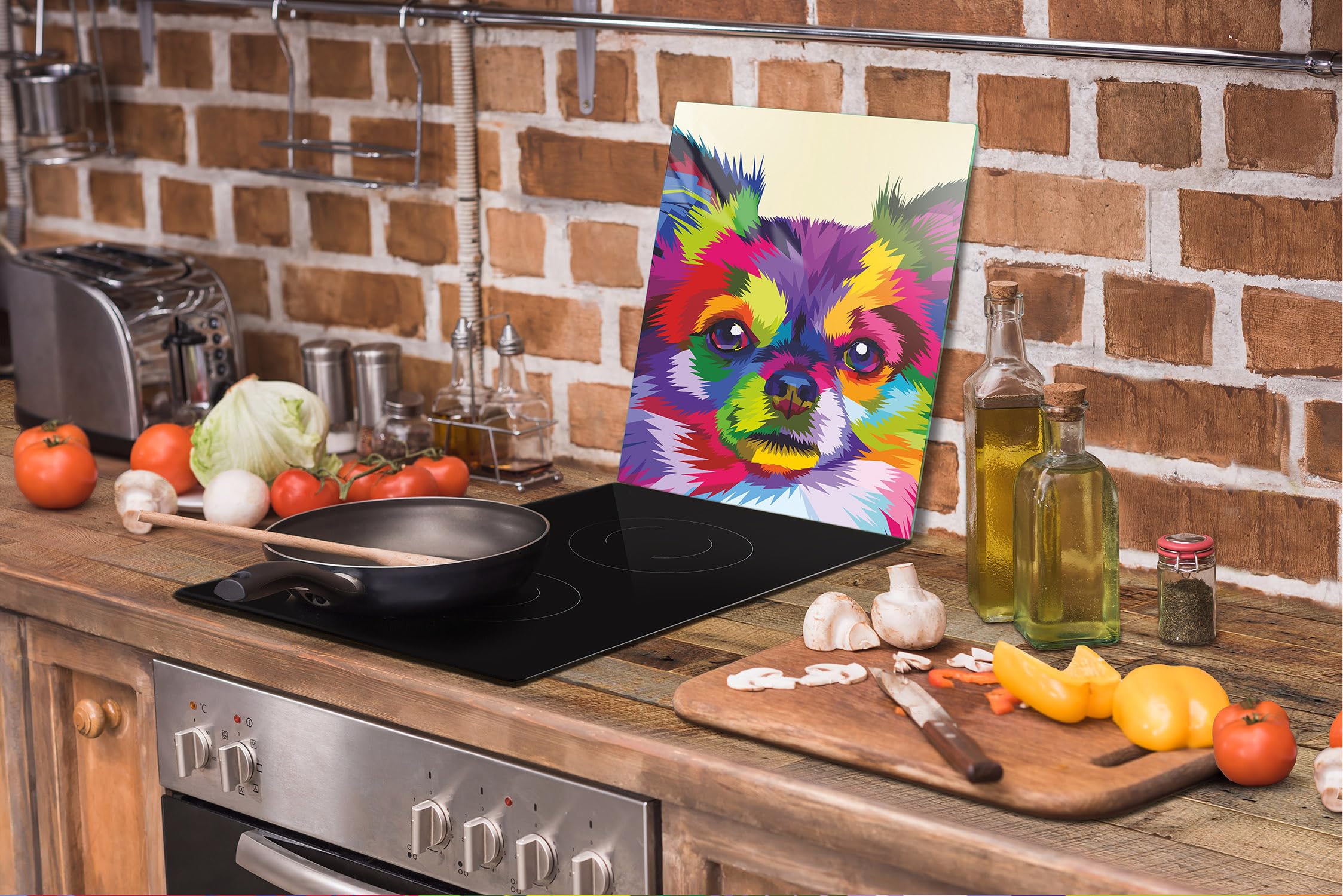 TMK ArtDeko Afdekplaat voor fornuis, 45 x 52 cm, 1-delig, afdekking voor keramische kookplaat, inductie, spatbescherming, glas, decoratieve snijplank, Hond