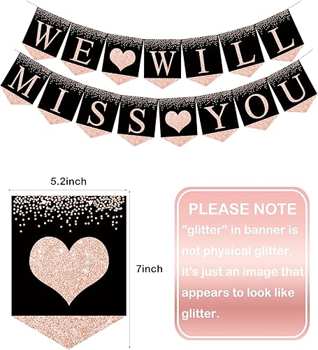 Miniatura 2 de Kit de suministros de decoración de fiesta de despedida de oro rosa, pancarta con texto en inglés "Will Miss You", decoración de remolinos colgantes