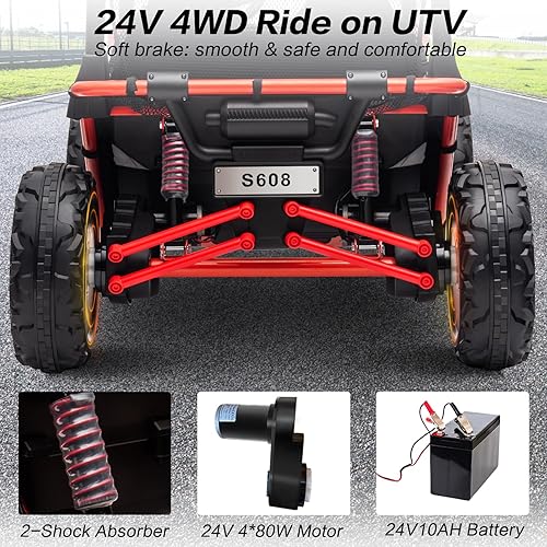 Miniatura 10 de ALINUX Vehículos eléctricos todoterreno de 24 V 10 AH de 2 plazas UTV, 4WD todoterreno para niños con control remoto, Bluetooth, velocidad máxima de
