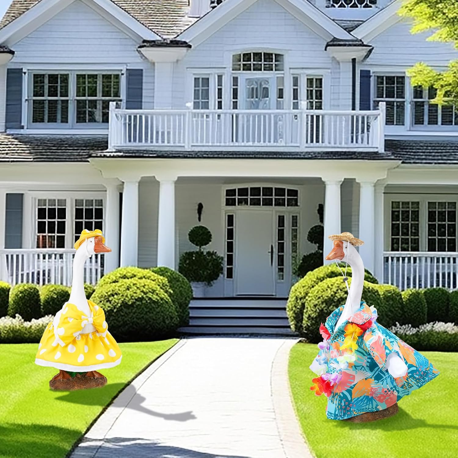 3 Sets Hawaiian Goose Outfit Lawn Porch Goose Cloths Summer Yard Goose Outfits Hawaiian Luau Goose Outfit for 23'' Goose Outdoor Patio Yard Lawn Art Decoration(Dot Bikini,Hula Skirt) - Image 4