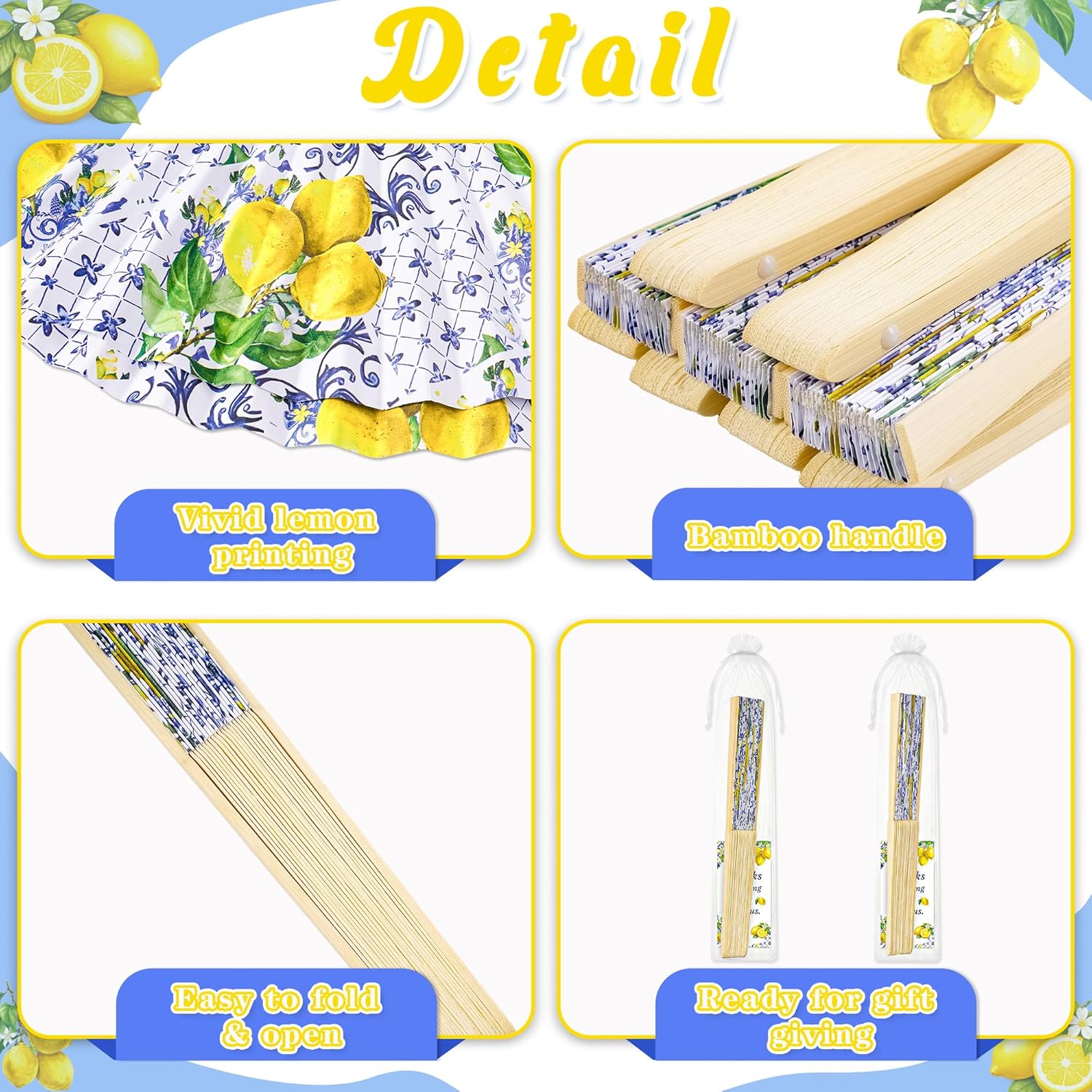 15Pcs Lemon Paper Fans with Bags and Cards Folding Handheld Fans Wedding Favors for Guests Mediterranean Bridal Shower Decor