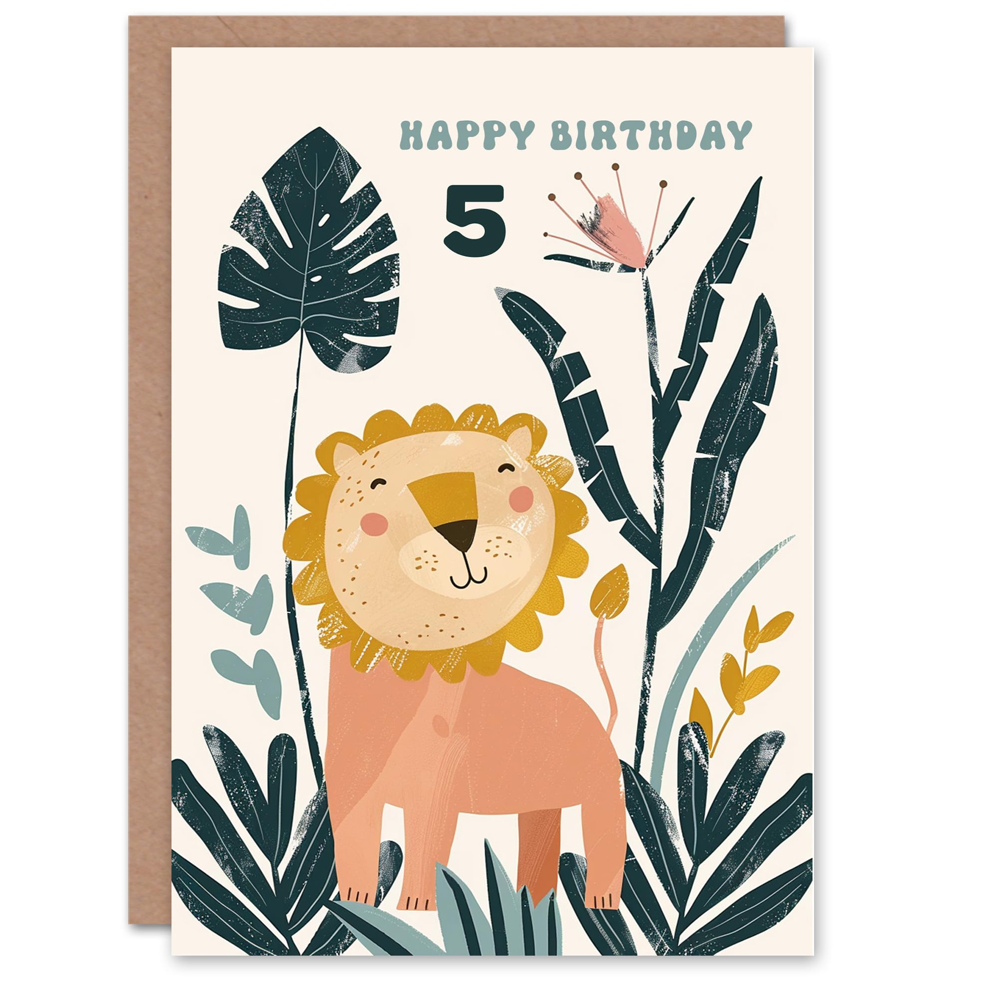 Artery8 5th Birthday Card - Lion Jungle Flowers - Age 5 - Green
