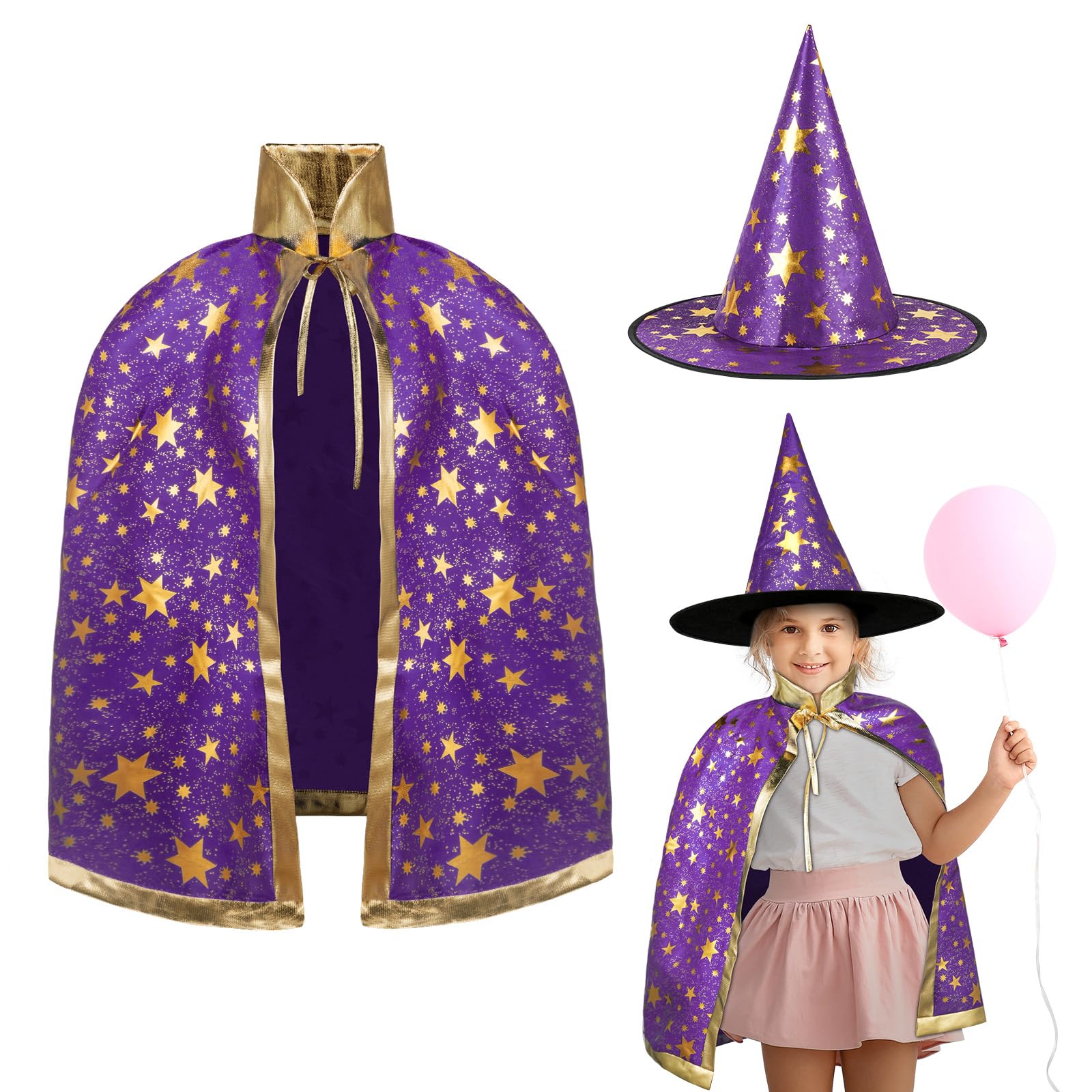 Kinder Halloween Kostüm, Zauberer Kostüm Kinder, Wizard Cape Witch Umhang mit Hut, Kinderkostüm Hexenhut Faschingskostüm für Karneval Fasching Cosplay Junge Mädchen