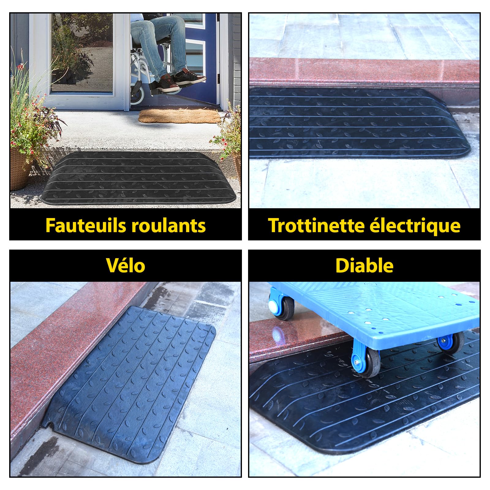 Rampe de trottoir en caoutchouc noir - Rampe de porte pour fauteuil roulant - 90 x 46 x 7,5 cm