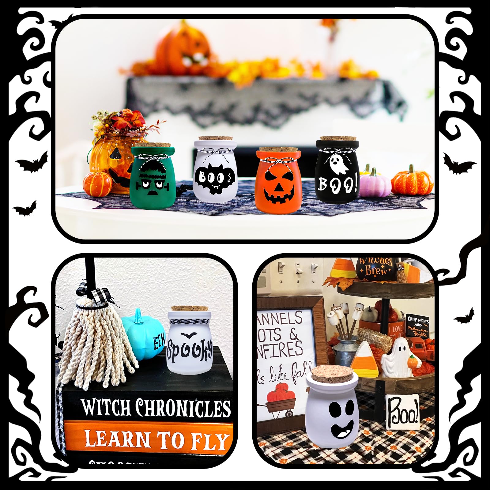 Ainswei Halloween Decorations Indoor,6 Potion Bottles Halloween Decor,Halloween Mini Jars with Ghost Bat Pumpkin Mummy Boo Witch Haunted Lables for Haunting Party Supplies,3.38fl