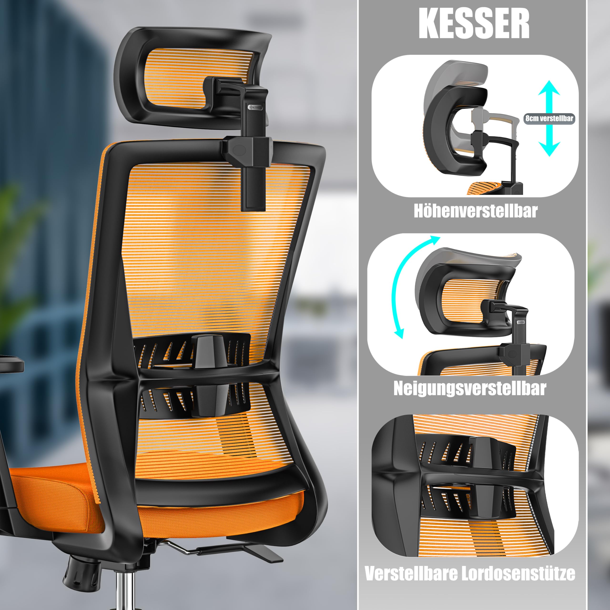 Hbada Sedia Da Ufficio Ergonomica, Sedia Girevole Con Supporto Lombare Elastico Schienale Regolabile Poggiatesta E Bracciolo Sedia A Rete Sedia Da Ufficio Con Poggiapiedi Grigio