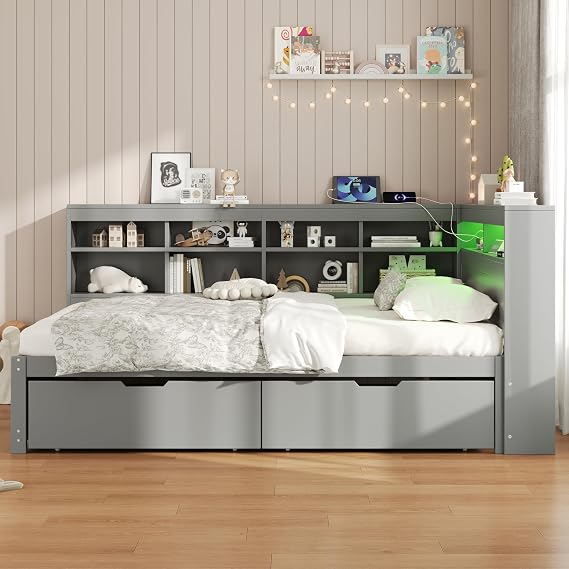 4ft6 Double Daybed with Storage Drawers & Beside Storage, Functional Wooden Bed Frame with LED Lighting & Charging Station, Storage Bed Sofa Bed Guest Beds for Living Room/Bedroom, No Mattress, Grey