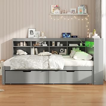 4ft6 Double Daybed with Storage Drawers & Beside Storage, Functional Wooden Bed Frame with LED Lighting & Charging Station, Storage Bed Sofa Bed Guest Beds for Living Room/Bedroom, No Mattress, Grey