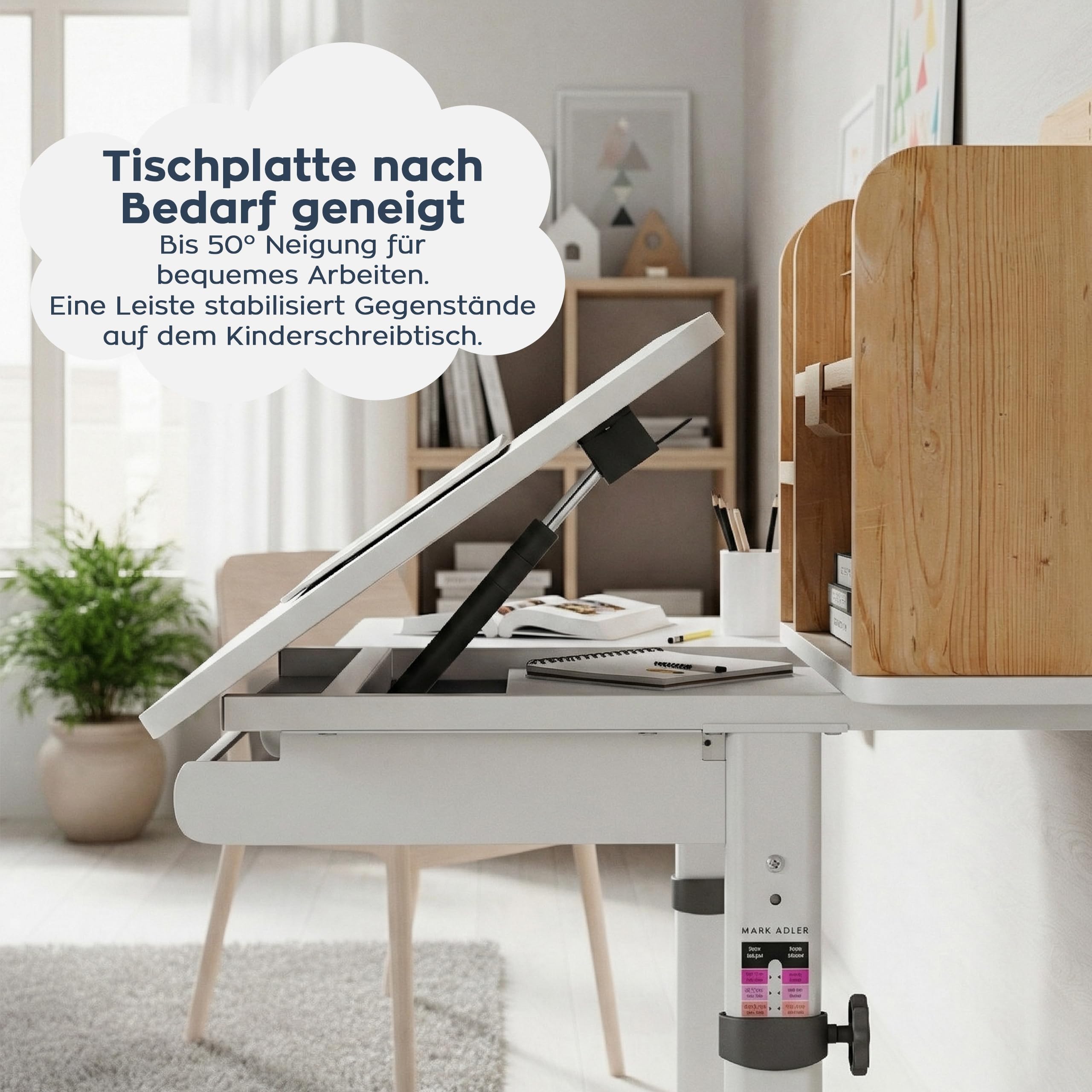 TULANO Mark Adler Study 5.0 Wood – Schreibtisch Kinder ab 6 Jahren höhenverstellbar – Ergonomischer Kinderschreibtisch neigbar mit mitwachsender Funktion, Schublade & Buchstütze – 90 x 60 cm – Eiche