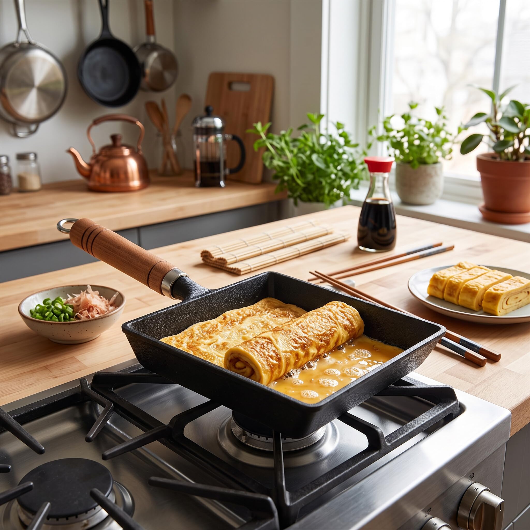 Cocoarm Padella Tamagoyaki in Ghisa con Manico in Legno, per Giapponese, Compatibile con Gas e Alogeno