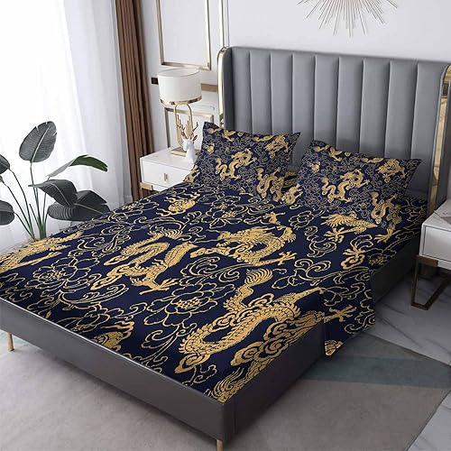 Dragon Sheets - Juego de sábanas y fundas de almohada de tamaño Queen, diseño oriental, 4 piezas, sábana bajera ajustable de microfibra suave con