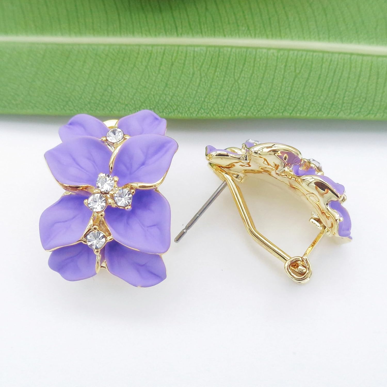 Navachi 18k Gold Plated White Crystal colorful Enamel Leaves Flower Omega Back Earrings - Image 3