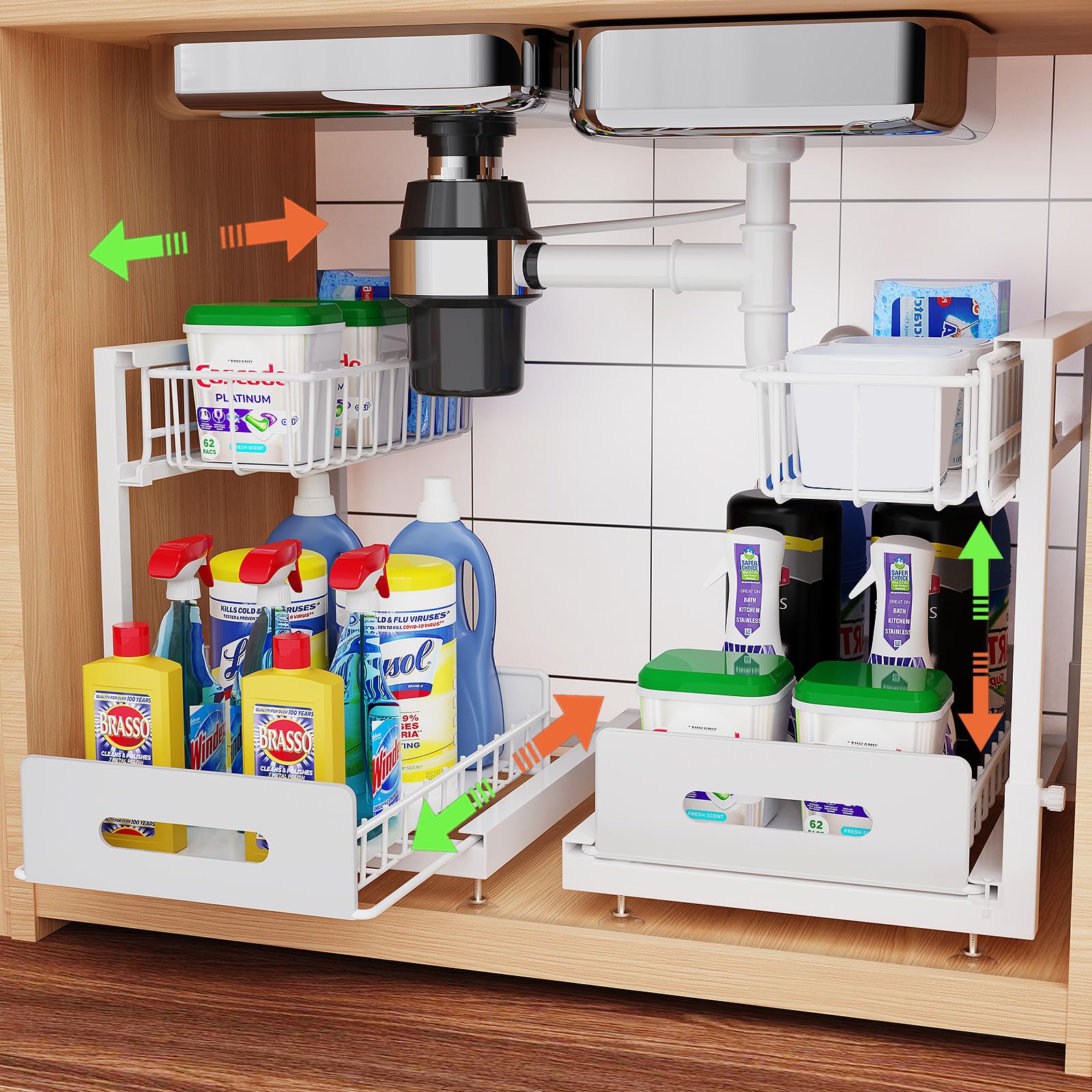 Jerlwuay 2-Tier Under Sink Organizer - Pull Out Drawers, Adjustable Height 14-17 Inches, White, For Kitchen Or Bathroom