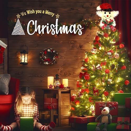 Miniatura 3 de WHOLEV Decoración para árbol de Navidad, muñeco de nieve, estrella sonriente, estrella de 8 pulgadas iluminada a batería, 15 luces LED, soporte para