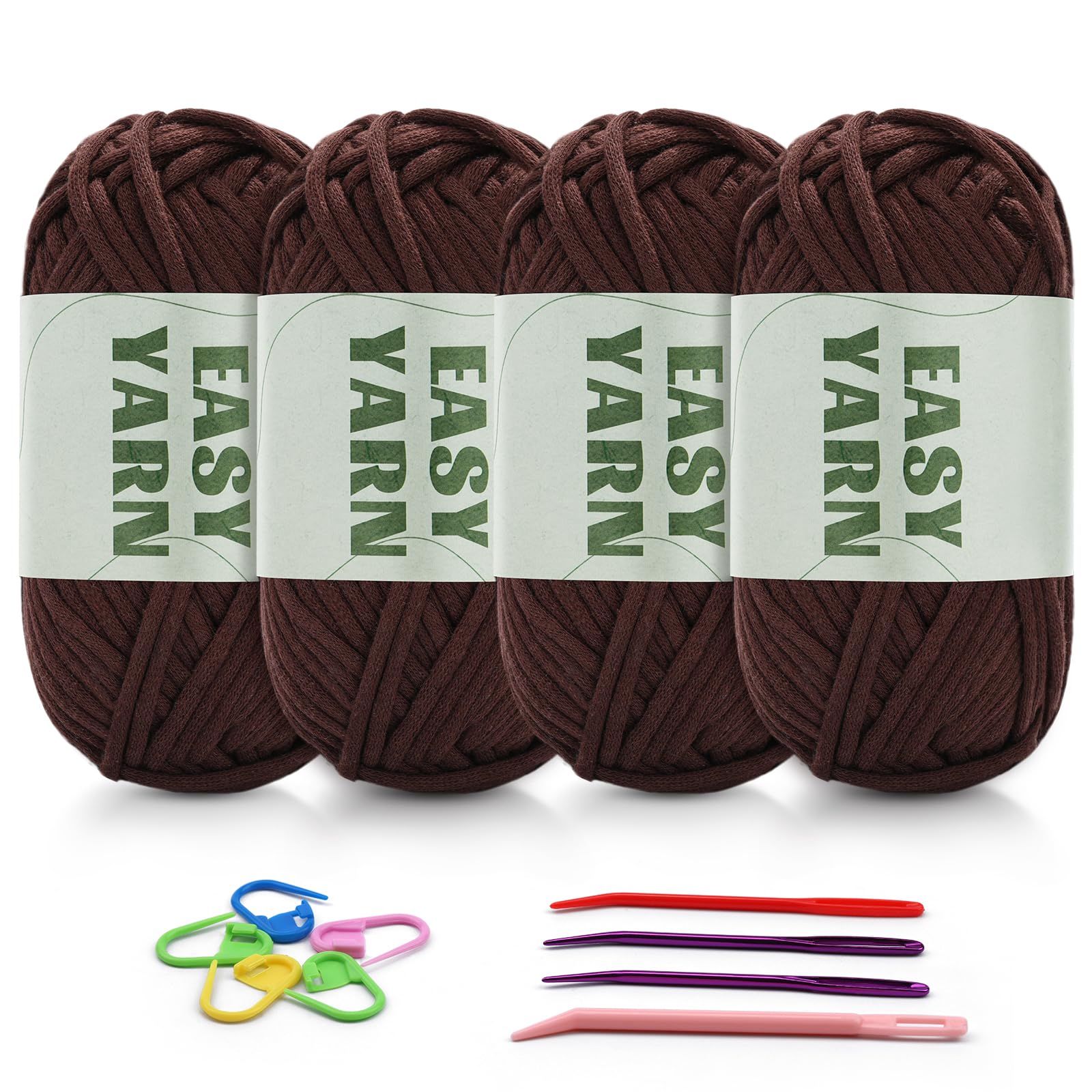 4 X 50g Häkelgarn Wolle zum Häkeln Dickes Garn Häkelwolle Easy Yarn Chenille Schlauchgarn zum Häkeln gut Sichtbare Maschen, Baumwolle zum Anfänger, Dickes Baumwoll-Nylon-Dunkelbraunes